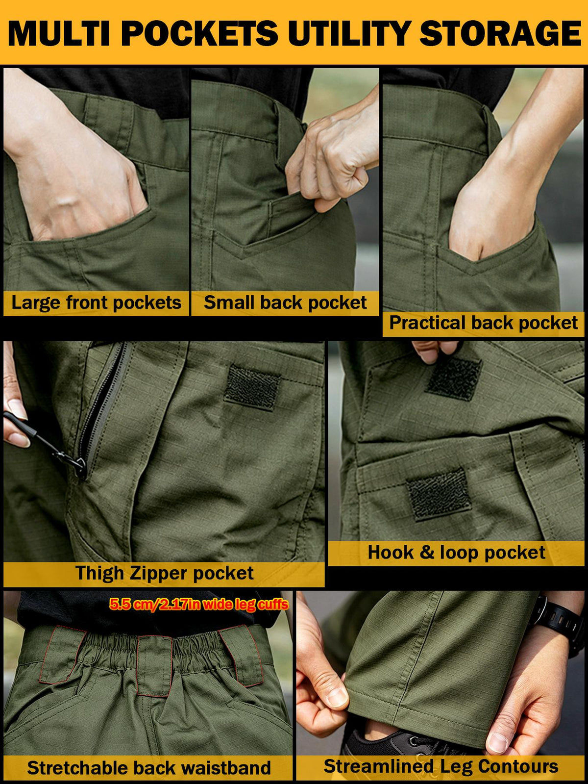 Men's Work Cargo Pants, Army Green, Stretch Tear-resistant Lightweight Commuter Pants/ Training Pants/Hiking Pants, Water-Resistant Multi-Pocket Utility Work Pants and Outdoor Casual Pants, for Outdoor Camping & Hiking, Durable