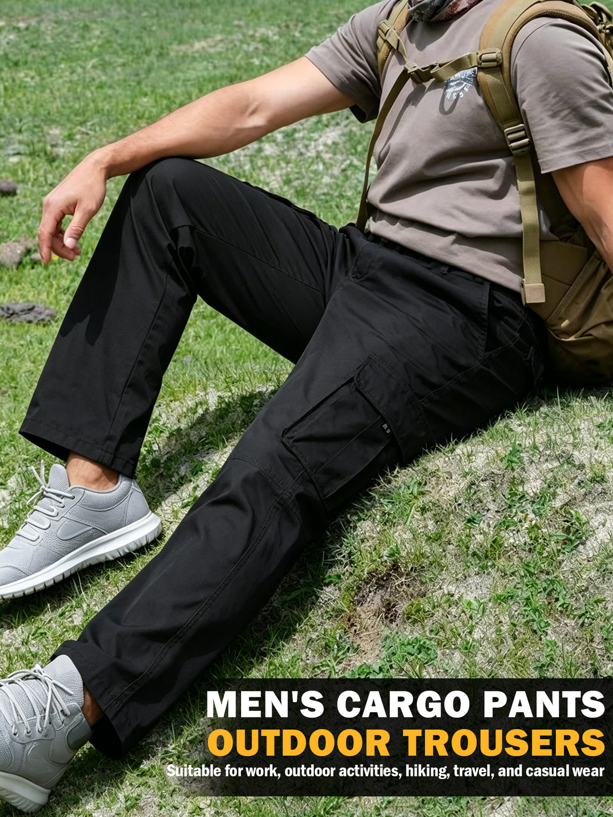 Men's Utility Cargo Pants, Casual Multi-Pocket Loose Straight Leg Work Pants, Durable Lightweight Ripstop Fabric, Flexible Elastic Waist Adjustable, Quick-Drying Outdoor Long Pants for Daily Commute, Running, Hiking, Travel and Camping Wear, Black