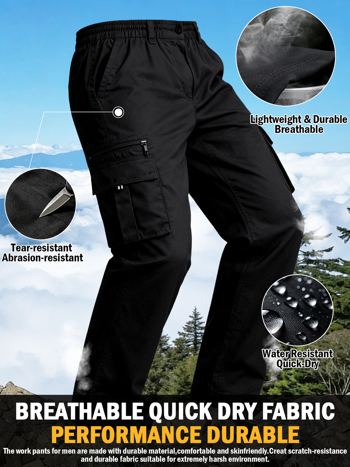 Men's Utility Cargo Pants, Casual Multi-Pocket Loose Straight Leg Work Pants, Durable Lightweight Ripstop Fabric, Flexible Elastic Waist Adjustable, Quick-Drying Outdoor Long Pants for Daily Commute, Running, Hiking, Travel and Camping Wear, Black