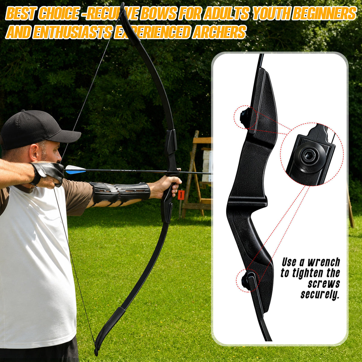 Black Adult 53" Archery Recurve Bow, Takedown Long Bow Kit, Portable Split-Type Bow, Adult and Beginners to Advanced Outdoor Target Practice, High Accuracy Shooting, Both for Left and Right Hand Use Recurve Bow Package for Adults 20LB, 30LB, 40LB