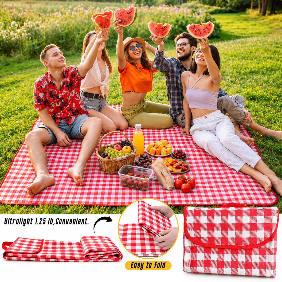 New Upgraded Picnic Blanket Outdoor Extra Large Picnic Mat 39.37"X59" Camping Blanket Beach Blanket, Thickened Checkered Non-Woven Fabric, Ultralight 1.25 lb with Handle Picnic Mat, for Outdoor Camping Hiking Travel Grass Park Music (100X150CM)