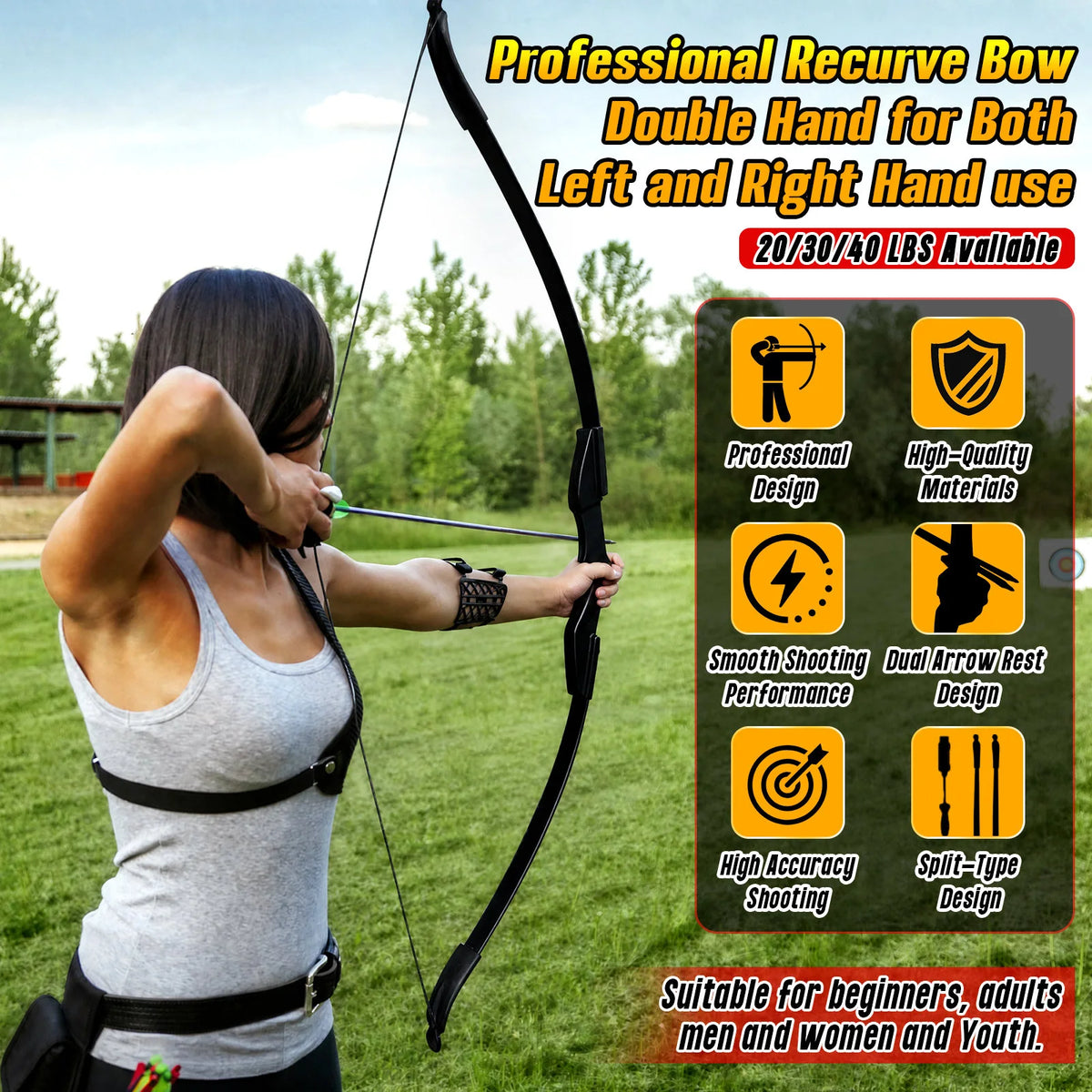Black Adult 53" Archery Recurve Bow, Takedown Long Bow Kit, Portable Split-Type Bow, Adult and Beginners to Advanced Outdoor Target Practice, High Accuracy Shooting, Both for Left and Right Hand Use Recurve Bow Package for Adults 20LB, 30LB, 40LB