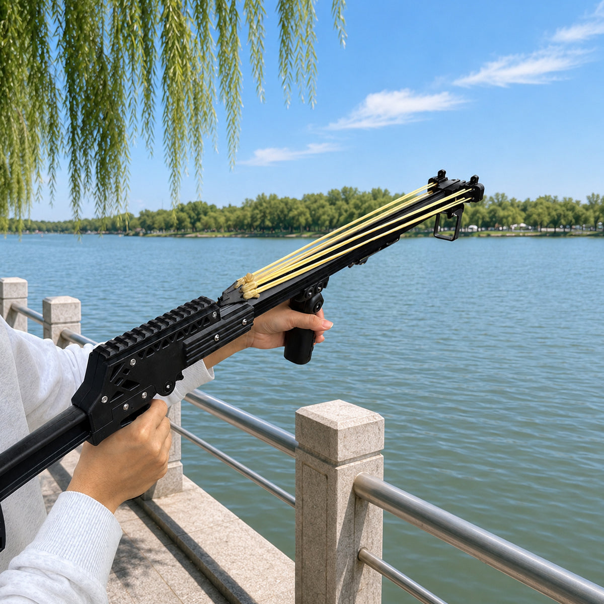 New Upgraded Outdoor Fishing Slingshot, Heavy Duty Fish Rod Slingshot Gear, Max Performance Metal Slingshot, Safety Lock Trigger Automatic Slingshot, Essential for Outdoors Lakes,Rivers Fishing and Forest Shooting,Adult Slingshot with Rubber Bands