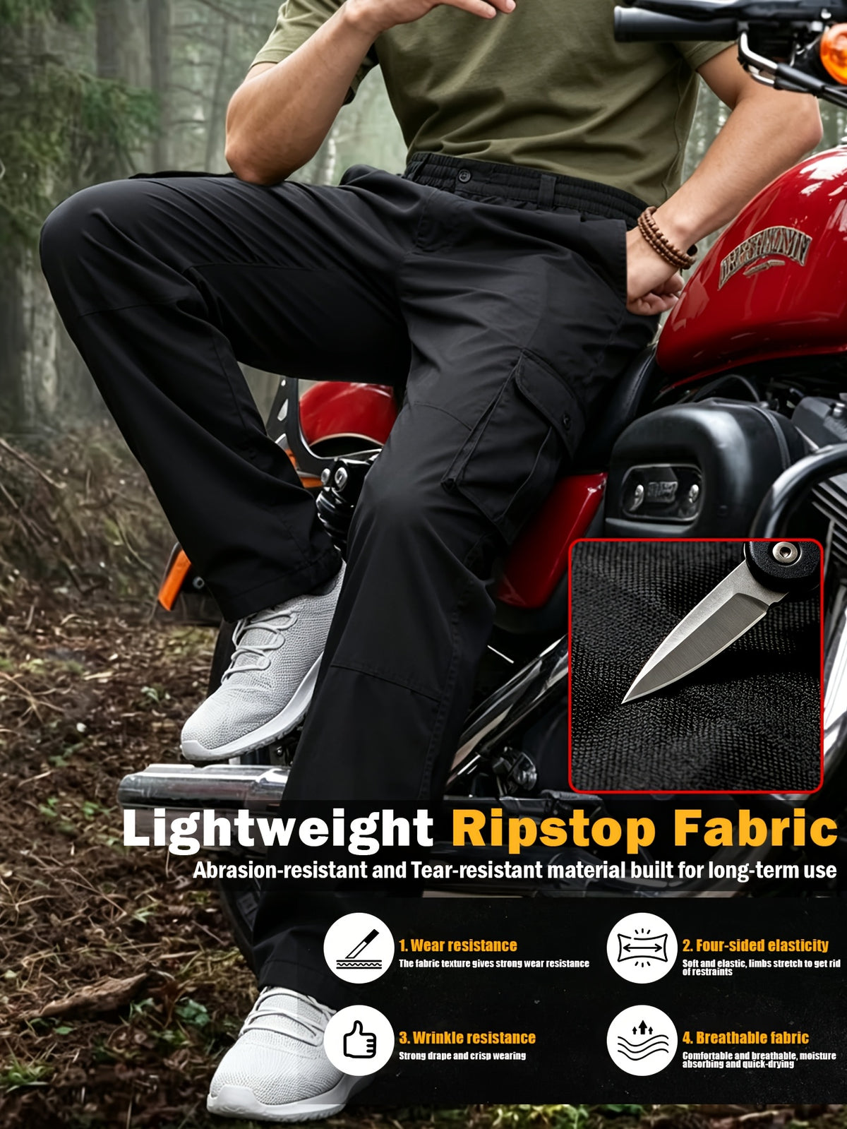 Men's Elastic Ripstop Tactical Pants Cargo Pants, Lightweight Motion Utility Casual Pants, Stretch Waistband, Straight Cut Loose Fit, Water Resistant Ripstop Outdoor Quick Dry Hiking Work Long Pants with Multi Pockets Commute Pants(No Belt, Black)