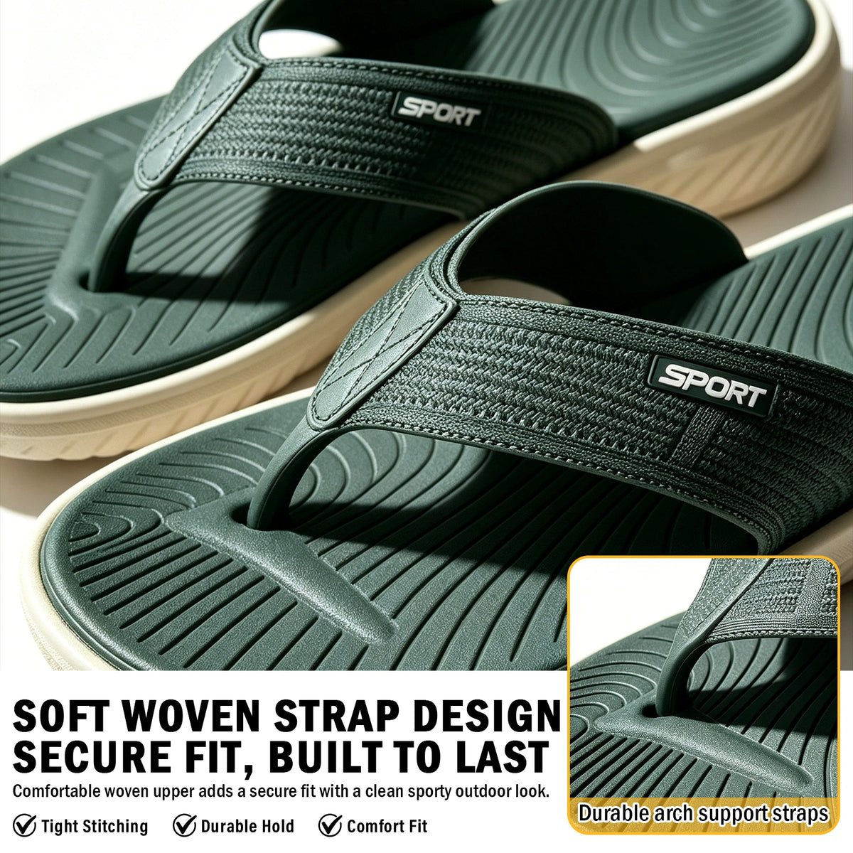 Men's Casual Flip Flops Thong Sandals with Thick Cushioned Sole, Comfortable Arch Support, Lightweight Outdoor Beach Flip Flop for Beach, Pool, Travel & Daily Walking, Summer Casual Sport Slides with Flats Non-Slip Shoes Indoor Outdoor Wear（Green）