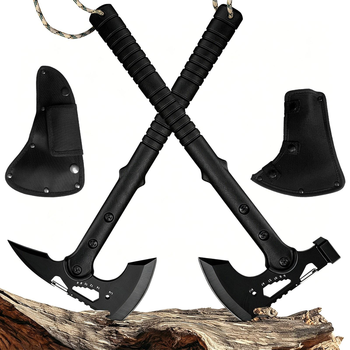 2 Pack Portable Battle Axe Set, Portable Outdoor Hatchet with Sheath, Reinforced Steel Sharp Blade, Window Breaker, Hammer and Multi-Tool Design Tomahawk, Durable Anti-Slip Handle Camping Hatchet Tool for Hiking/Camping/Outdoor Adventure Gear