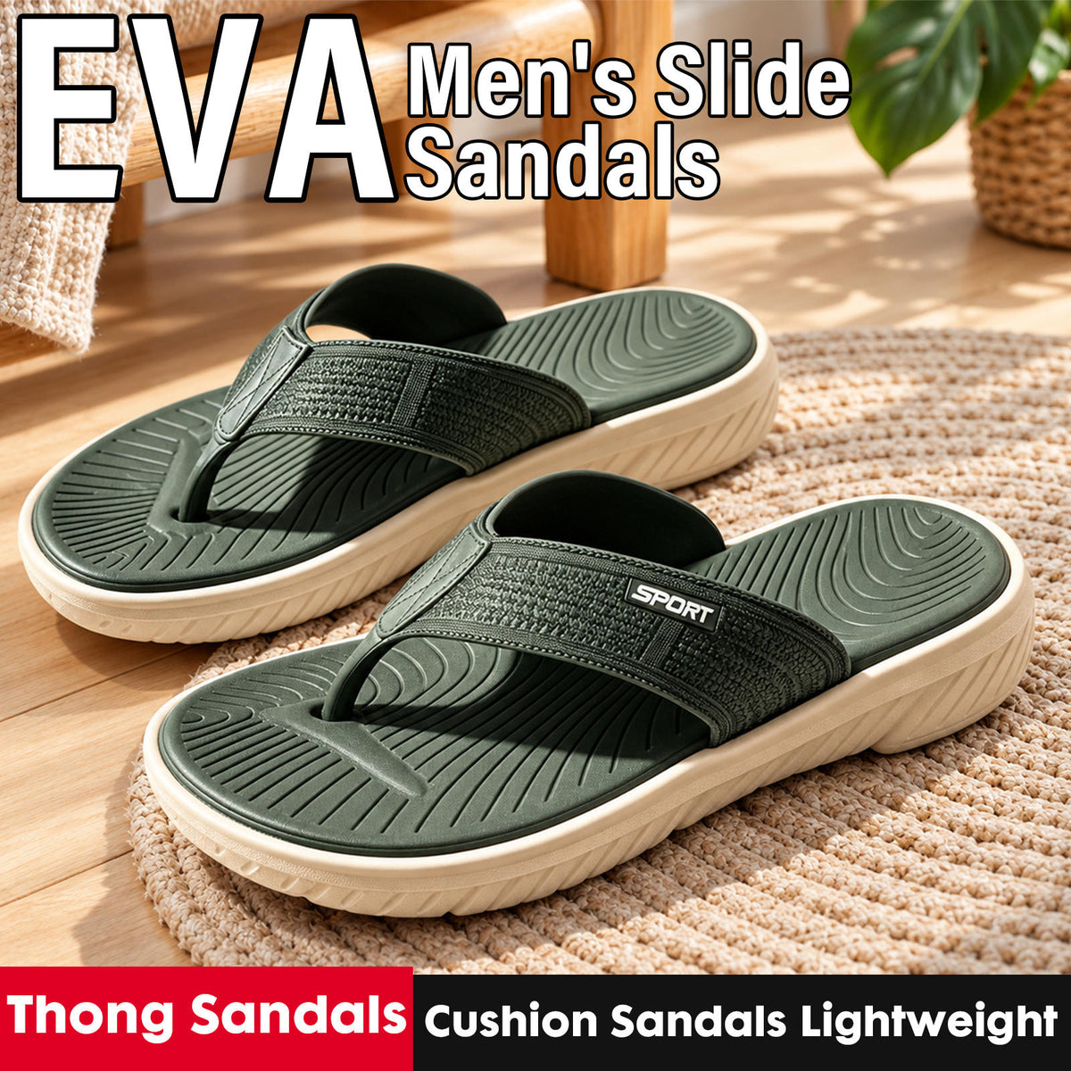 Men's Flip Flops, Slide Sandals for Men, Lightweight Thong Sandals with Thick EVA Sole, Soft Cushioned Footbed & Textured Outsole, Non-Slip Slippers, Men Summer Beach Sandals with Arch Support for Casual Walking, Indoor & Outdoor Wear, Green
