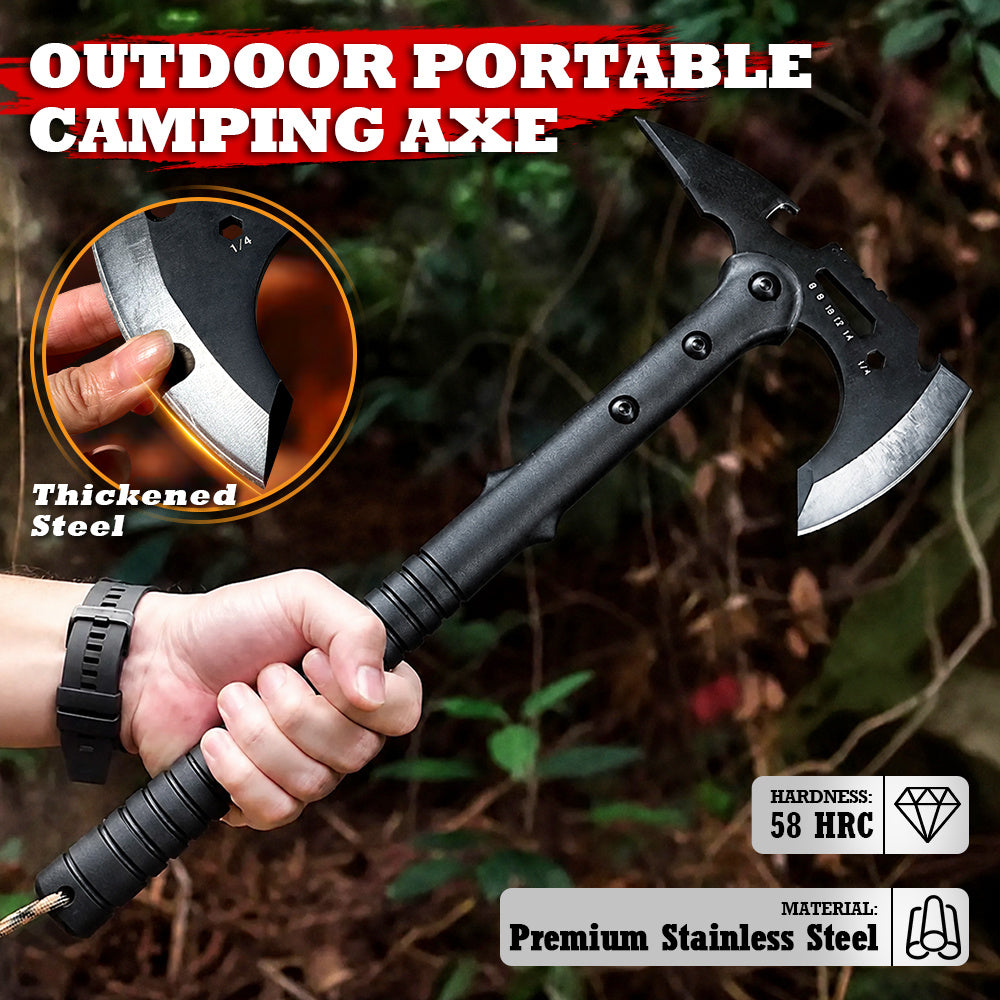 Outdoor Axe, Multifunctional Battle Axe, Camping Hand Axe, All-in-One Combat Axe, Durable and Sturdy Sharpened Blade, Wilderness Firewood-Splitting Survival Axe, 15 inch Tactical Axe with Mountain Lock and Bottle Opener with Sheath Hammer Tomahawk
