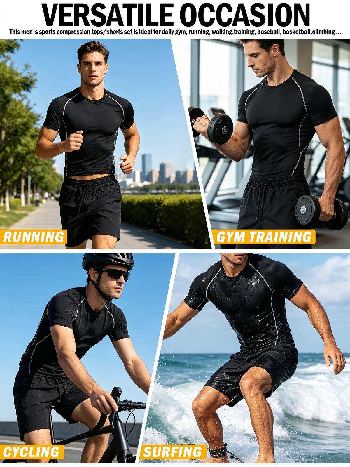 2-piece Men's Athletic Workout Set, Running, Gym Compression Gear, All-Season Wear, Breathable Quick Dry Compression Short Sleeve Training Shirt with Elastic Waistband Shorts, Activewear Outfit for Running Fitness Basketball Outdoor activities,Black