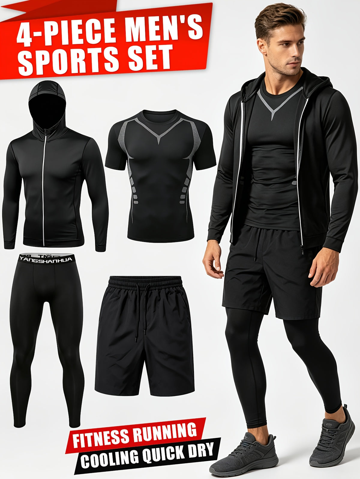 4 Pieces Sports Set, Men's Fitted Workout Shirt Activewear Set, Athletic Jacket with Hoodies Long Sleeve, Quick Dry Compression Tee with Breathable Moisture Wicking Comfort, Stretch Short Sleeve Running Top for Gym Training and All-Day Active Wear