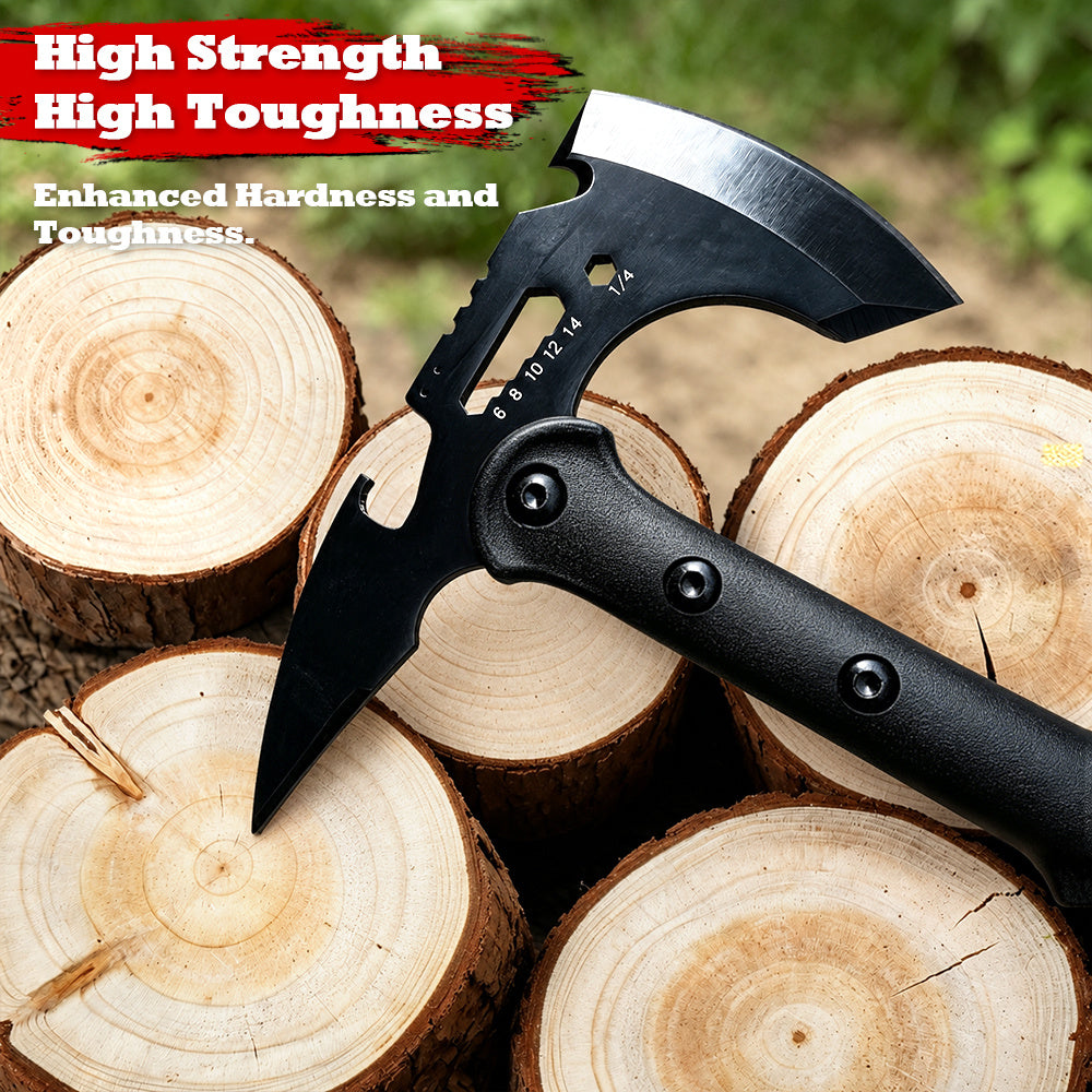 Outdoor Axe, Multifunctional Battle Axe, Camping Hand Axe, All-in-One Combat Axe, Durable and Sturdy Sharpened Blade, Wilderness Firewood-Splitting Survival Axe, 15 inch Tactical Axe with Mountain Lock and Bottle Opener with Sheath Hammer Tomahawk