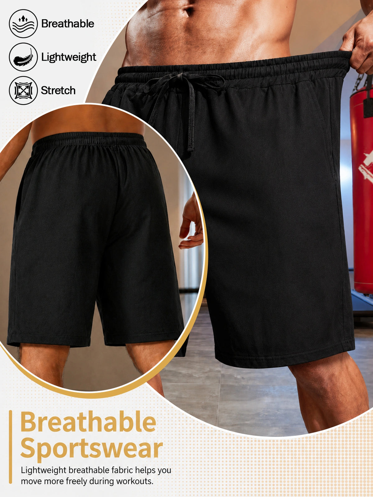 Men's Black Athletic Shorts with Pockets and Drawstring Waist,Made From Linen Blend Fabric, Lightweight Fitness Shorts, These Quick-Dry,Breathable and Comfortable for Running, Outings, Workouts and Casual Daily Wear. Men's Drawstring Waist Shorts