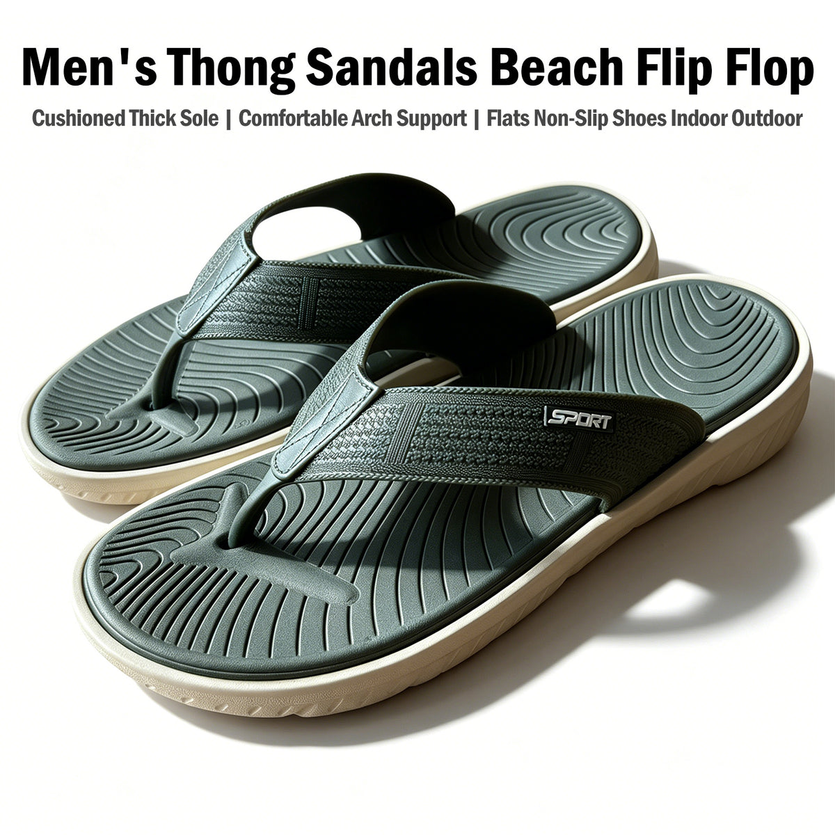Men's Casual Flip Flops Thong Sandals with Thick Cushioned Sole, Comfortable Arch Support, Lightweight Outdoor Beach Flip Flop for Beach, Pool, Travel & Daily Walking, Summer Casual Sport Slides with Flats Non-Slip Shoes Indoor Outdoor Wear（Green）
