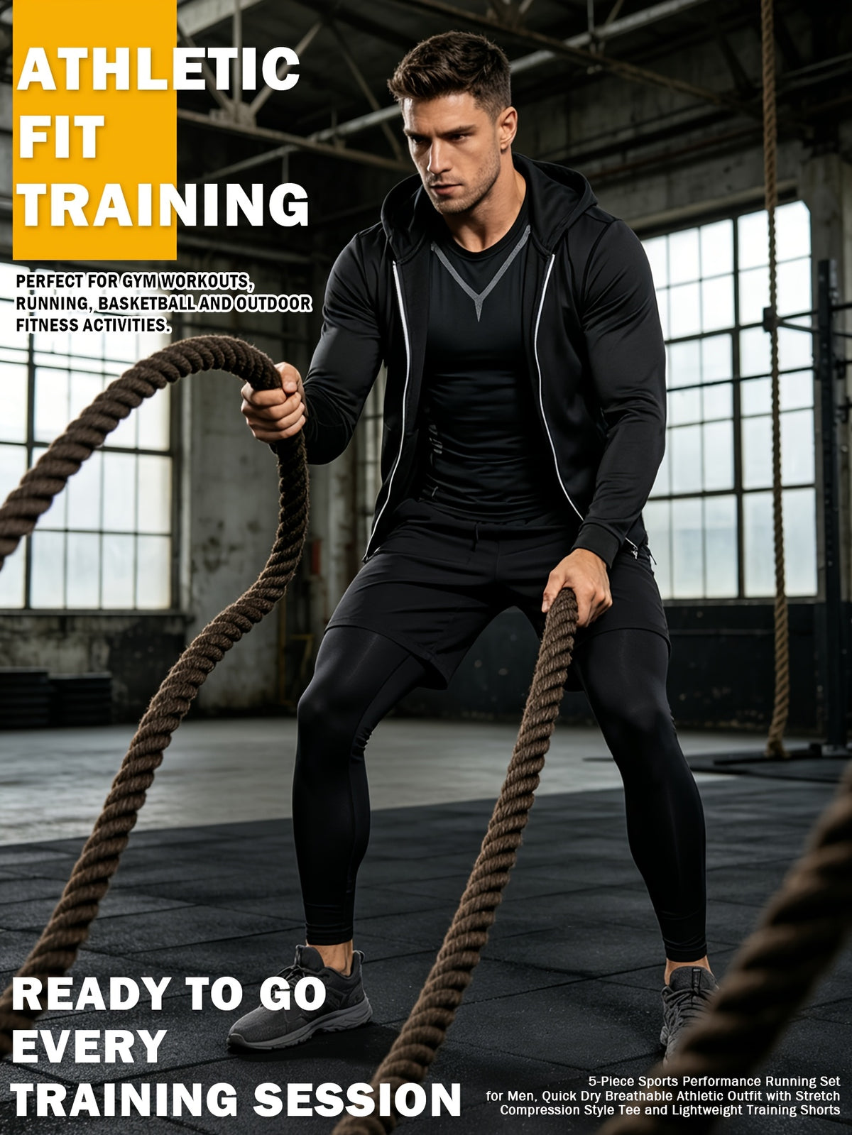 4 Pieces Sports Set, Men's Fitted Workout Shirt Activewear Set, Athletic Jacket with Hoodies Long Sleeve, Quick Dry Compression Tee with Breathable Moisture Wicking Comfort, Stretch Short Sleeve Running Top for Gym Training and All-Day Active Wear