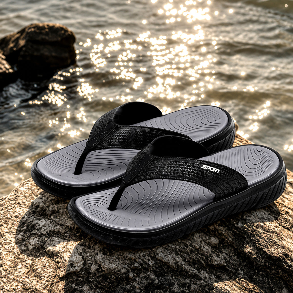 Men Summer Casual Flip-Flops, Beach Walking Thong Cushion Thong Sandals with Comfortable Arch Support Yoga Mat Beach Shoes, Durable Thick-Soled, Non-Slip, Soft-Soled Outdoor Sandals for Men, Black