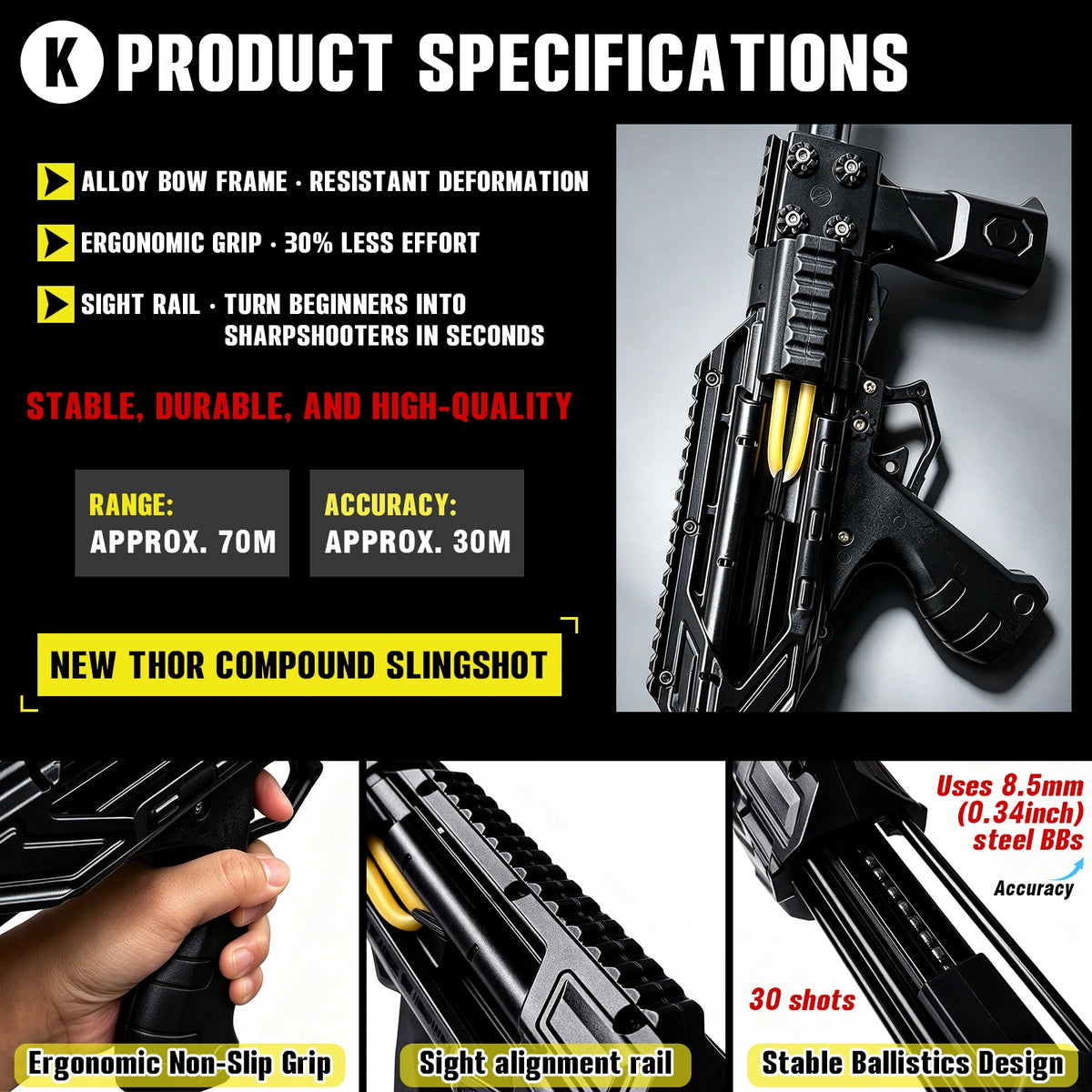 Upgraded Heavy Duty Continuous Shooting Slingshot, New Thor Multi-Shot Compound Bow for Adults, Aluminum Alloy Frame, Automatic Trigger Slingshot, Beads Shooting, Precision Adult Bow, In Car Essential, For Jungle Outdoor Gear, Black Metal Archery Kit