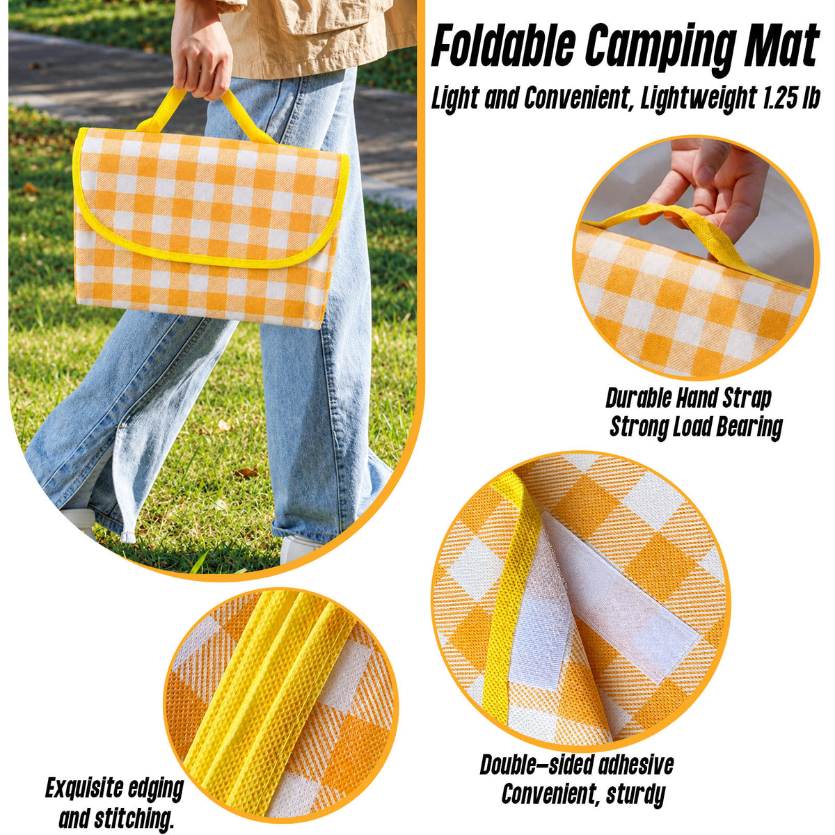 New Upgraded Picnic Blanket Outdoor Extra Large Picnic Mat 39.37"X59" Camping Blanket Beach Blanket, Thickened Checkered Non-Woven Fabric, Ultralight 1.25 lb with Handle Picnic Mat, for Outdoor Camping Hiking Travel Grass Park Music (100X150CM)