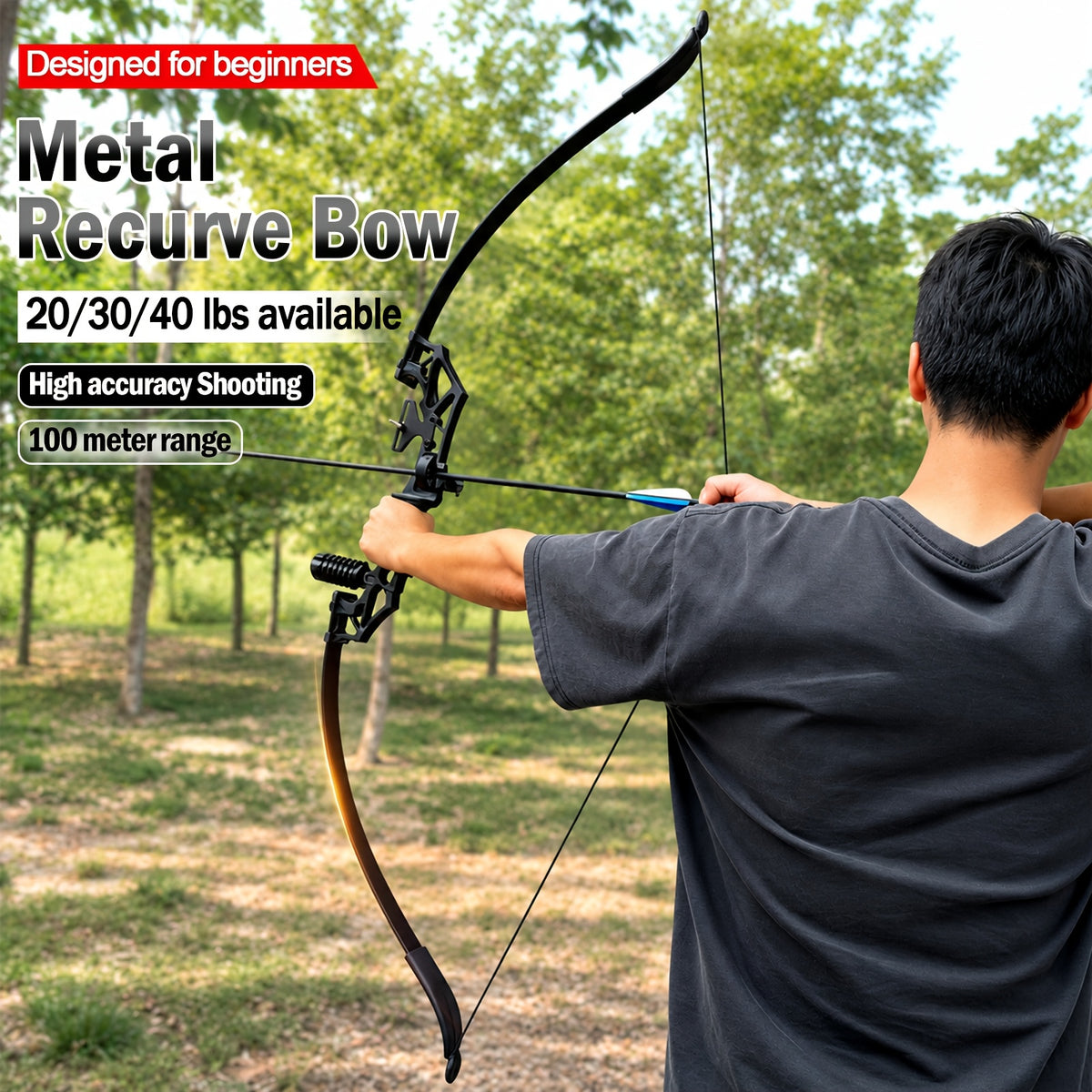 Archery Metal Recurve Bow Professional Beginner's Bow Outdoor Adult Archery Range Scenic Area Competitive Shooting, For Men and Women Sports Alloy Bow Compound Bow Competition Set, 20 LBS/30 LBS/40 LBS Available, Ambidextrous