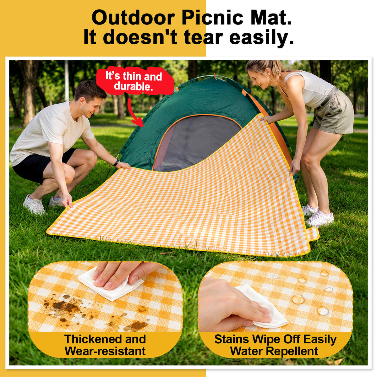 Portable Outdoor Picnic Blanket, 59x79'' Large Beach Blanket, Sand Proof Foldable Non-Woven Picnic Mat, Thickened Checkered Outdoor Mat with Handle, Oversized Compact Suitable for Parks, Meadows, Camping, Hiking, Concerts(3 Colors, 150x200cm)