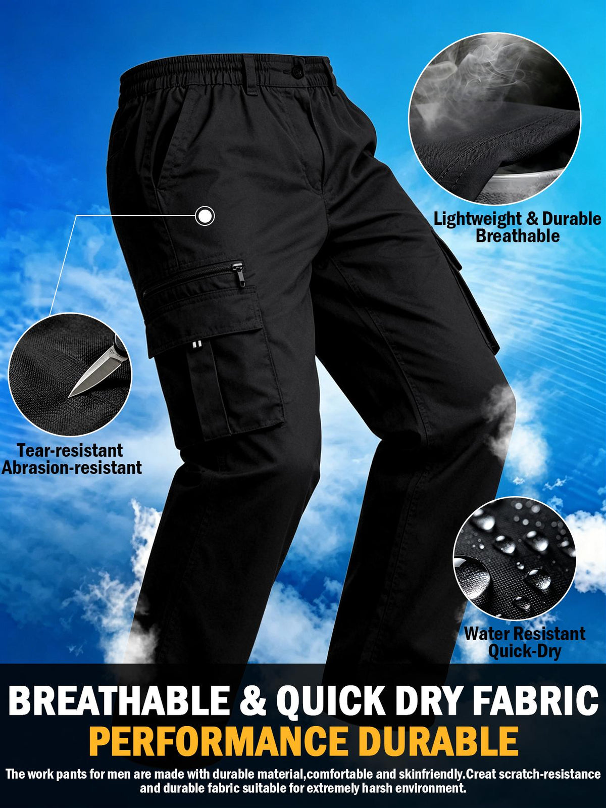 Men's Elastic Ripstop Tactical Pants Cargo Pants, Lightweight Motion Utility Casual Pants, Stretch Waistband, Straight Cut Loose Fit, Water Resistant Ripstop Outdoor Quick Dry Hiking Work Long Pants with Multi Pockets Commute Pants(No Belt, Black)