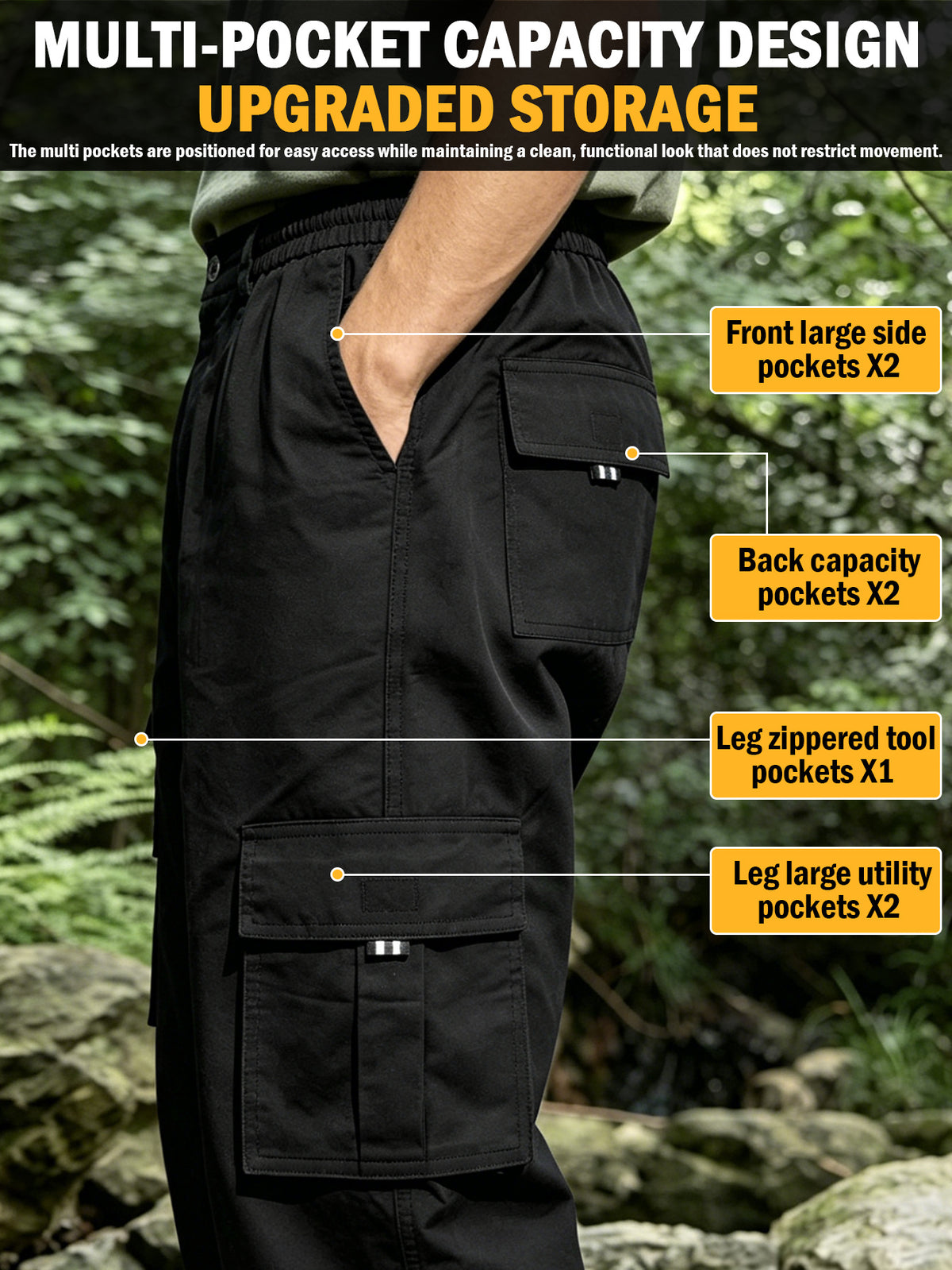 Men's Utility Cargo Pants, Casual Multi-Pocket Loose Straight Leg Work Pants, Durable Lightweight Ripstop Fabric, Flexible Elastic Waist Adjustable, Quick-Drying Outdoor Long Pants for Daily Commute, Running, Hiking, Travel and Camping Wear, Black