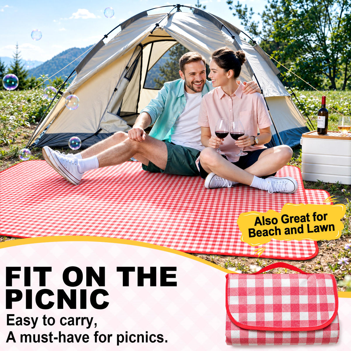 Portable Outdoor Picnic Blanket, 59x79'' Large Beach Blanket, Sand Proof Foldable Non-Woven Picnic Mat, Thickened Checkered Outdoor Mat with Handle, Oversized Compact Suitable for Parks, Meadows, Camping, Hiking, Concerts(3 Colors, 150x200cm)