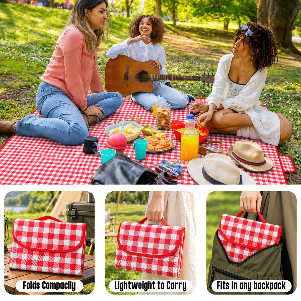 New Upgraded Picnic Blanket Outdoor Extra Large Picnic Mat 39.37"X59" Camping Blanket Beach Blanket, Thickened Checkered Non-Woven Fabric, Ultralight 1.25 lb with Handle Picnic Mat, for Outdoor Camping Hiking Travel Grass Park Music (100X150CM)