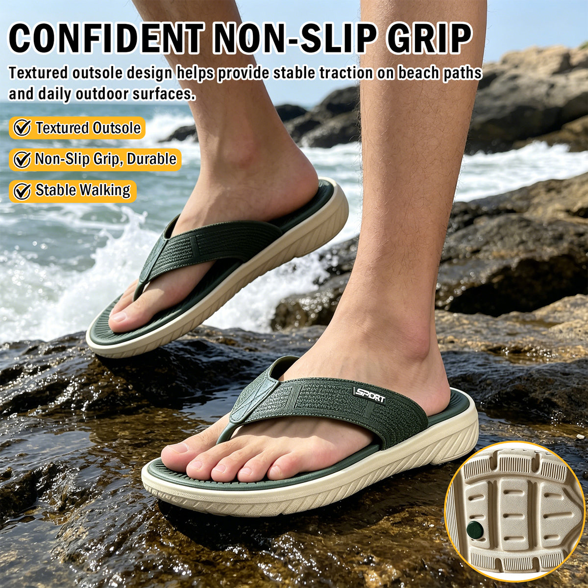 Men's Casual Flip Flops Thong Sandals with Thick Cushioned Sole, Comfortable Arch Support, Lightweight Outdoor Beach Flip Flop for Beach, Pool, Travel & Daily Walking, Summer Casual Sport Slides with Flats Non-Slip Shoes Indoor Outdoor Wear（Green）