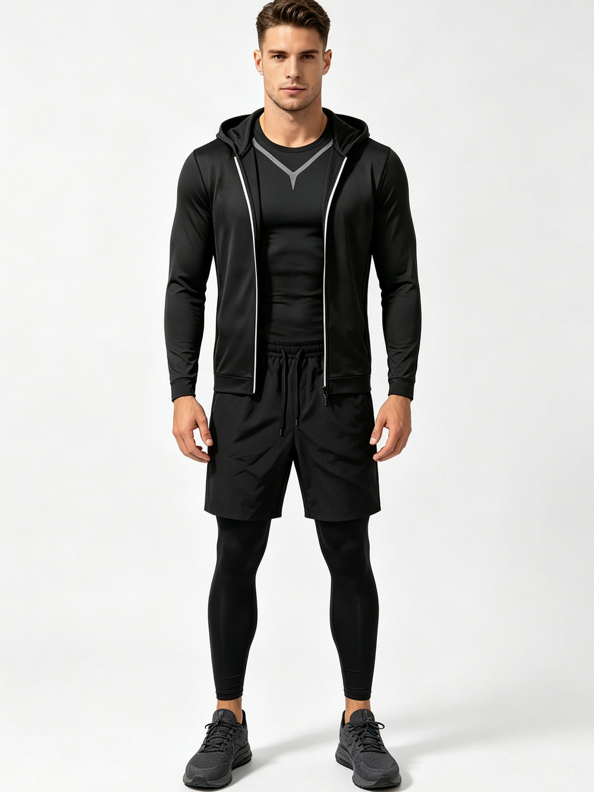4 Pieces Sports Set, Men's Fitted Workout Shirt Activewear Set, Athletic Jacket with Hoodies Long Sleeve, Quick Dry Compression Tee with Breathable Moisture Wicking Comfort, Stretch Short Sleeve Running Top for Gym Training and All-Day Active Wear
