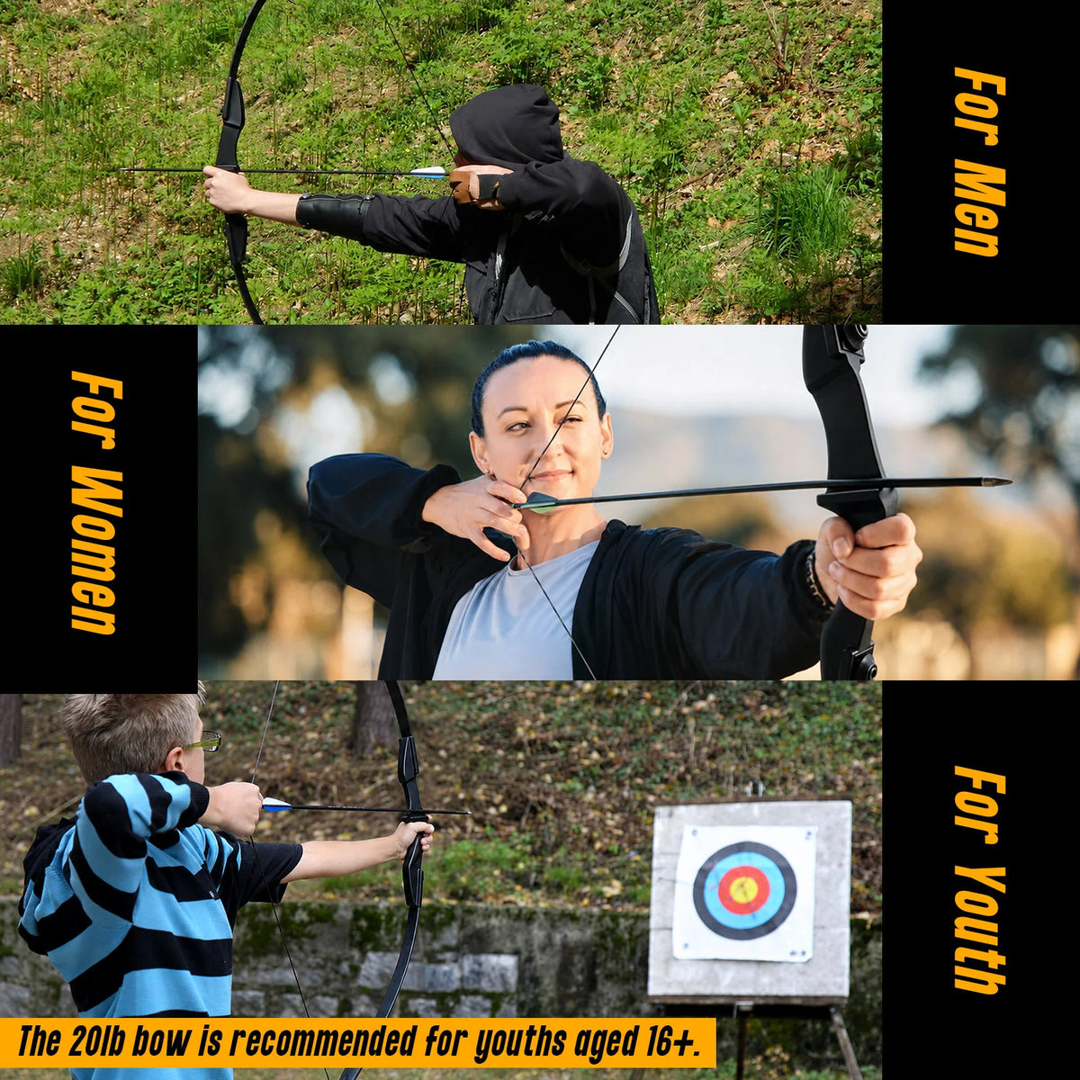 Black Adult 53" Archery Recurve Bow, Takedown Long Bow Kit, Portable Split-Type Bow, Adult and Beginners to Advanced Outdoor Target Practice, High Accuracy Shooting, Both for Left and Right Hand Use Recurve Bow Package for Adults 20LB, 30LB, 40LB