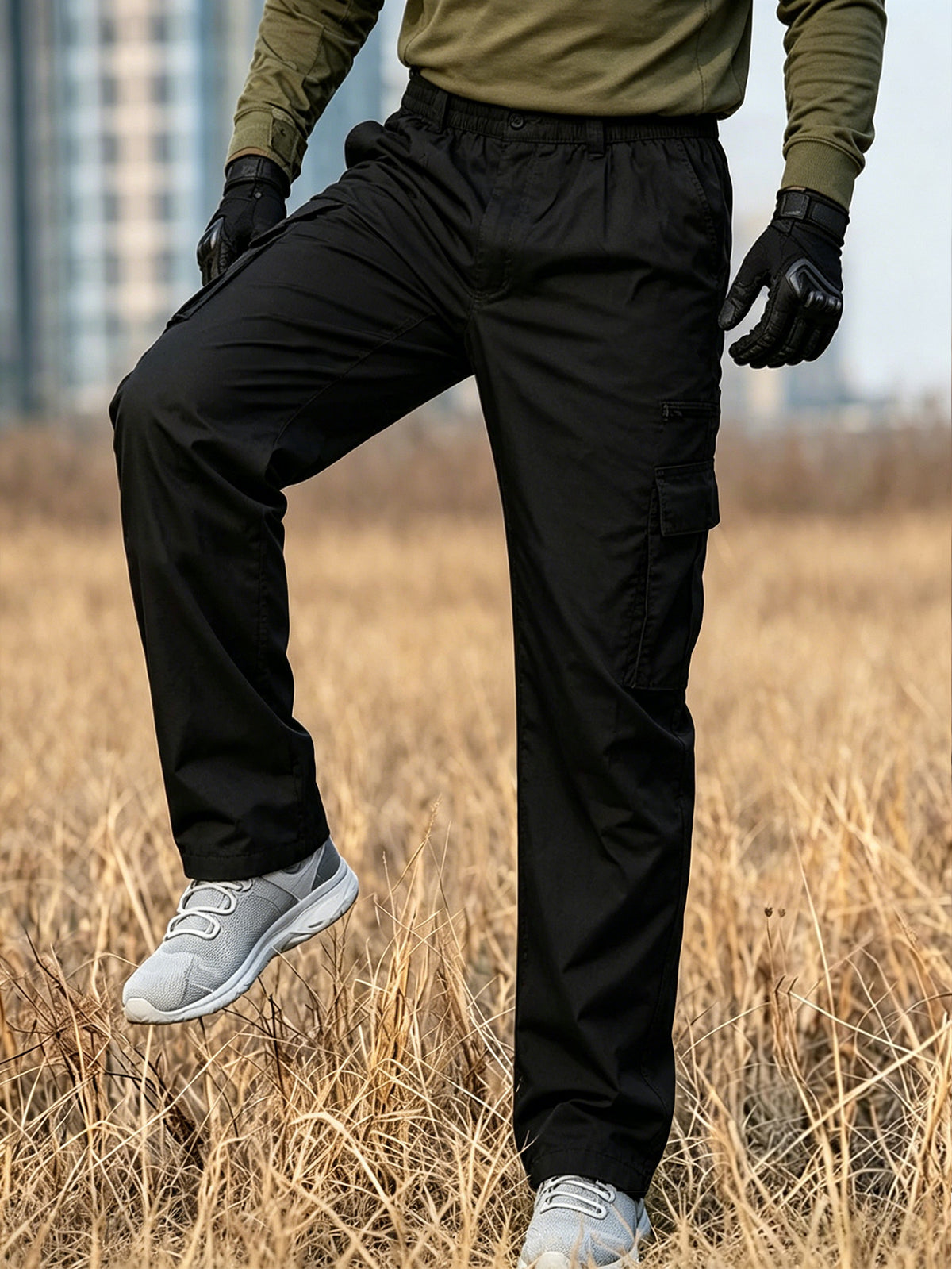Men's Elastic Ripstop Tactical Pants Cargo Pants, Lightweight Motion Utility Casual Pants, Stretch Waistband, Straight Cut Loose Fit, Water Resistant Ripstop Outdoor Quick Dry Hiking Work Long Pants with Multi Pockets Commute Pants(No Belt, Black)