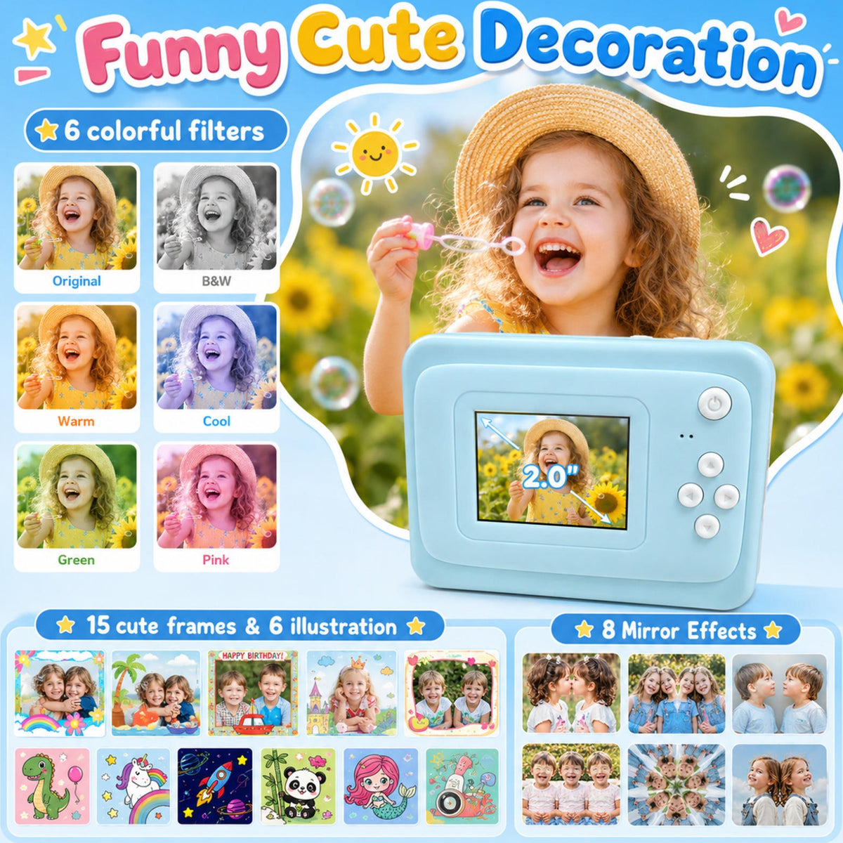 Kids Camera Instant Print for Boys Girls, 2.0-Inch Screen, 1080P HD Photography, MP3 & Game, 20 Creative Frames, 3 Rolls of Printer Paper, USB Charger, Perfect for Christmas And Halloween Birthday Gift, Perfect for Kid, Gifts Girls Boys 6 Years Old