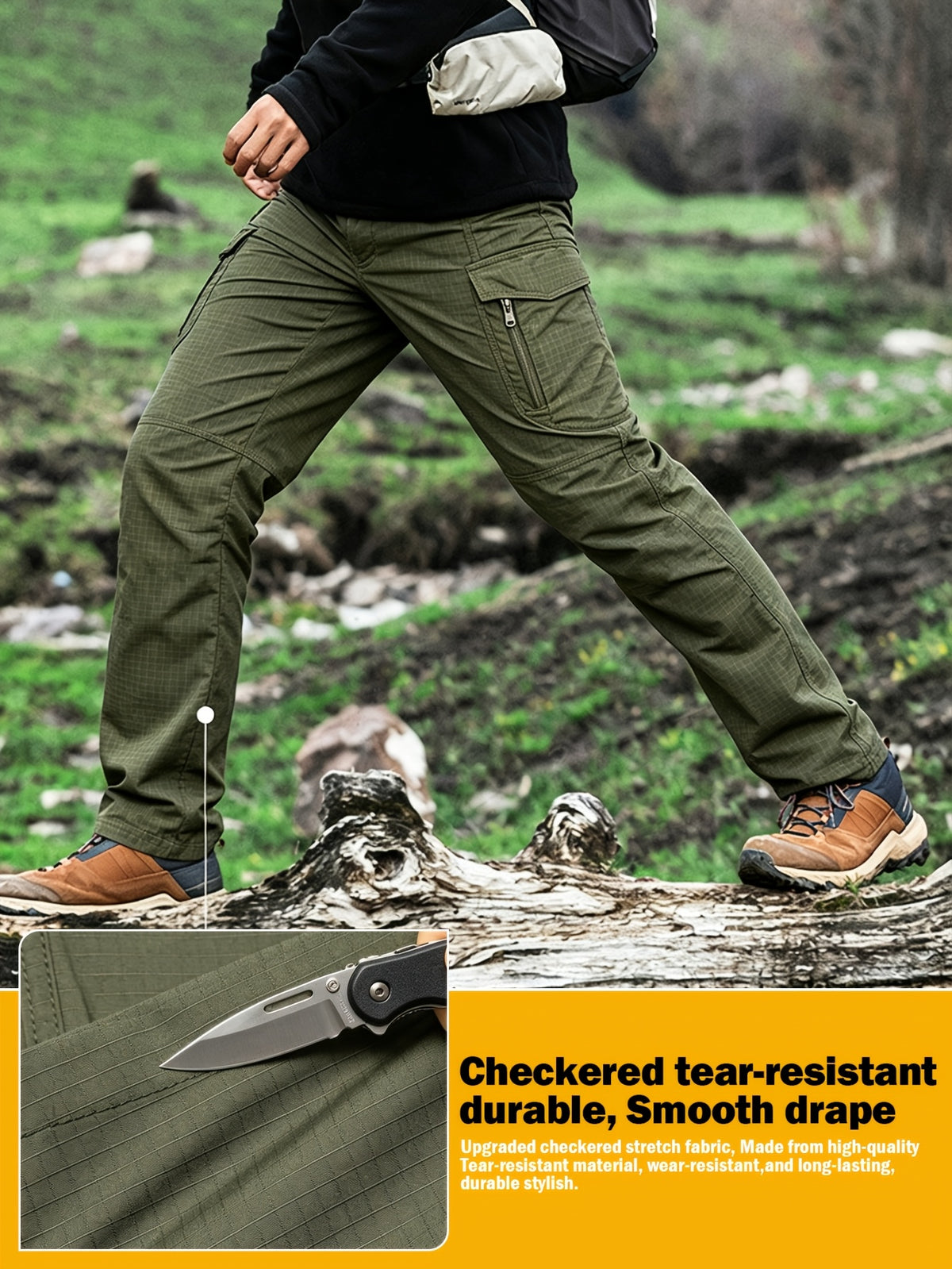 Men's Work Cargo Pants, Army Green, Stretch Tear-resistant Lightweight Commuter Pants/ Training Pants/Hiking Pants, Water-Resistant Multi-Pocket Utility Work Pants and Outdoor Casual Pants, for Outdoor Camping & Hiking, Durable
