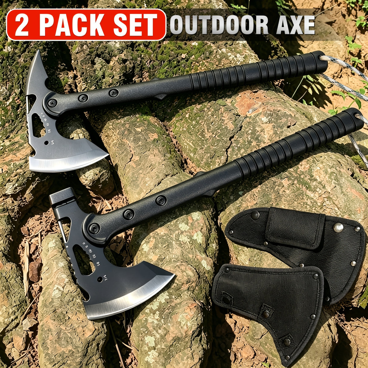 Portable Hand Axe 2 Pack Set, Sharp Stainless Steel Head Tomahawk with Sheath, Assault Axe, Hatchet with Hammer, Hex Wrench and Bottle Opener, Multi-functional Camping Hatchet with Handle for Camping, Emergency, Hiking, Jungle and Outdoor