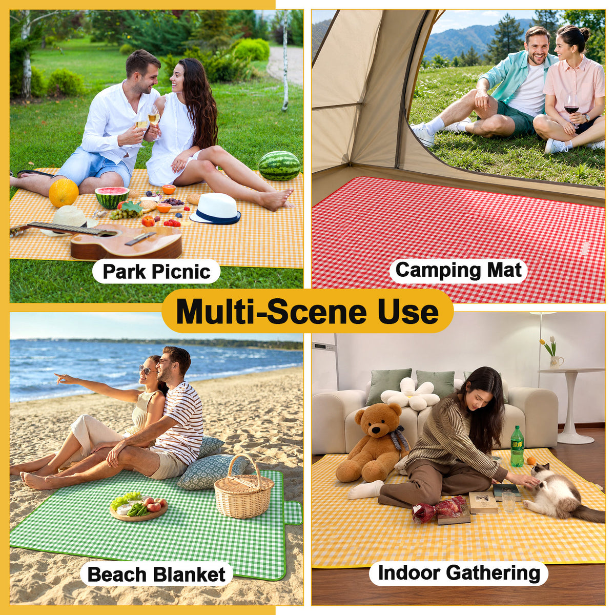 Portable Outdoor Picnic Blanket, 59x79'' Large Beach Blanket, Sand Proof Foldable Non-Woven Picnic Mat, Thickened Checkered Outdoor Mat with Handle, Oversized Compact Suitable for Parks, Meadows, Camping, Hiking, Concerts(3 Colors, 150x200cm)