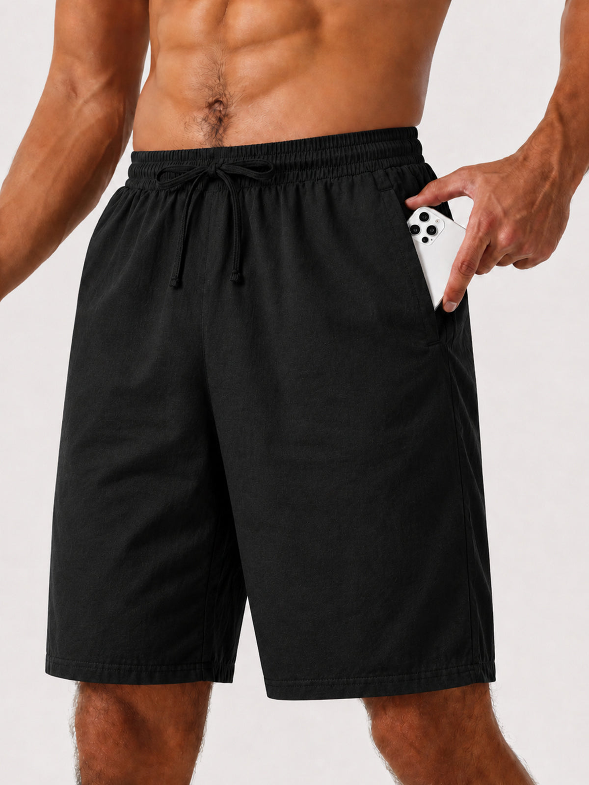 Men's Black Athletic Shorts with Pockets and Drawstring Waist,Made From Linen Blend Fabric, Lightweight Fitness Shorts, These Quick-Dry,Breathable and Comfortable for Running, Outings, Workouts and Casual Daily Wear. Men's Drawstring Waist Shorts