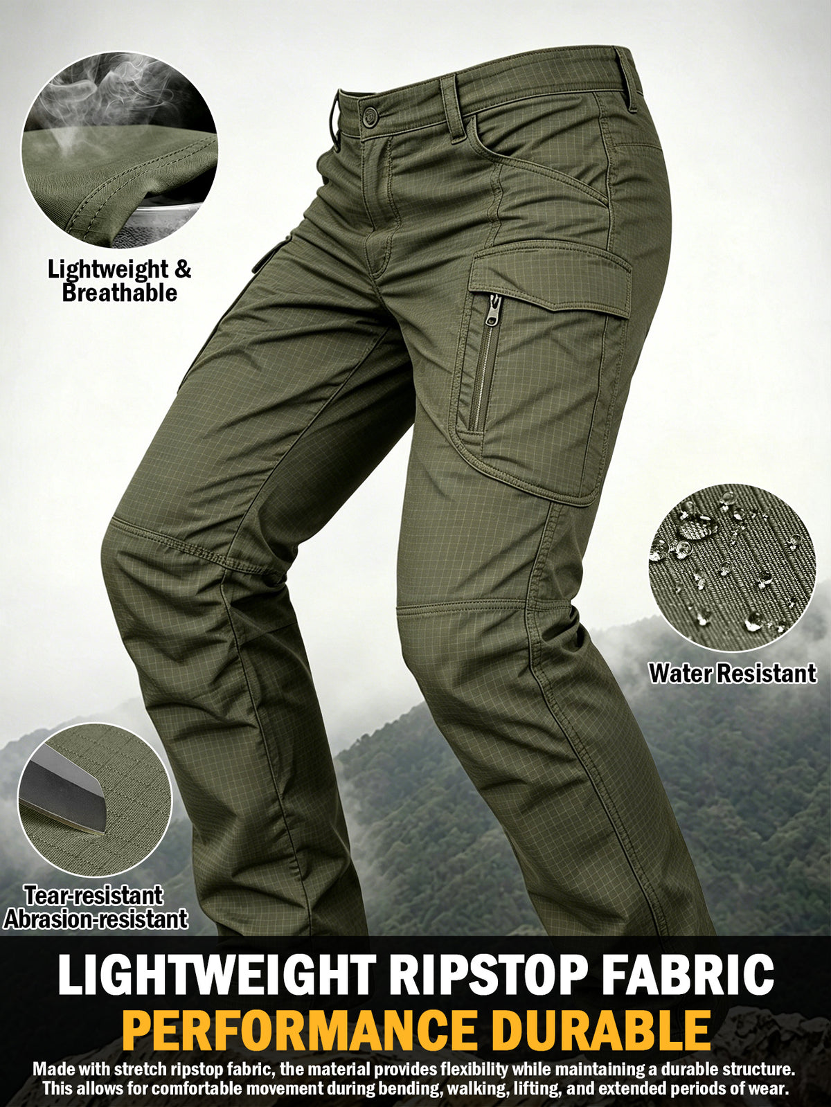 Men's Work Cargo Pants, Army Green, Stretch Tear-resistant Lightweight Commuter Pants/ Training Pants/Hiking Pants, Water-Resistant Multi-Pocket Utility Work Pants and Outdoor Casual Pants, for Outdoor Camping & Hiking, Durable