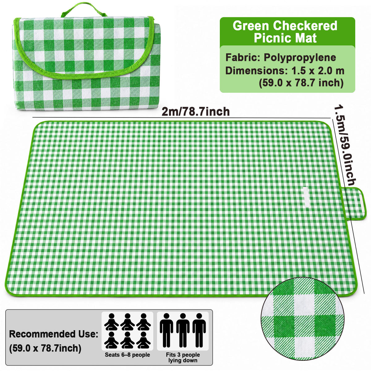 Portable Outdoor Picnic Blanket, 59x79'' Large Beach Blanket, Sand Proof Foldable Non-Woven Picnic Mat, Thickened Checkered Outdoor Mat with Handle, Oversized Compact Suitable for Parks, Meadows, Camping, Hiking, Concerts(3 Colors, 150x200cm)