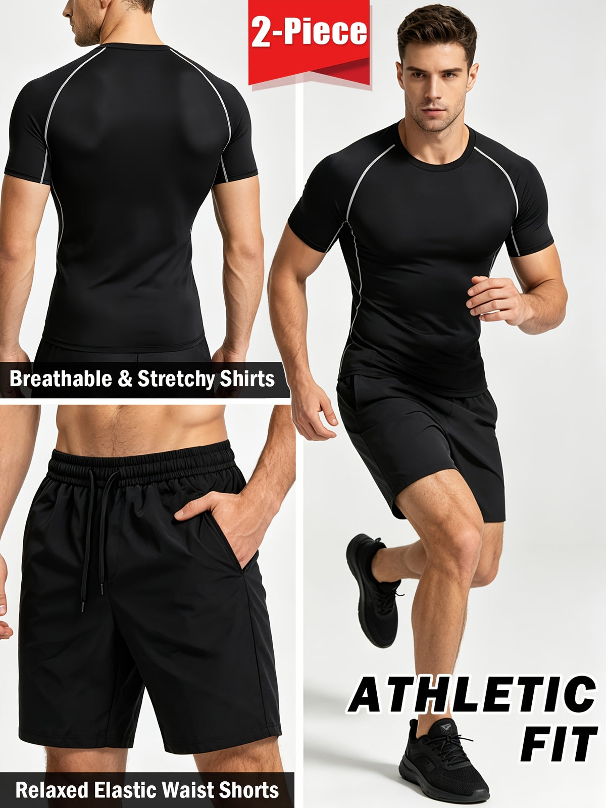 2-piece Men's Athletic Workout Set, Running, Gym Compression Gear, All-Season Wear, Breathable Quick Dry Compression Short Sleeve Training Shirt with Elastic Waistband Shorts, Activewear Outfit for Running Fitness Basketball Outdoor activities,Black