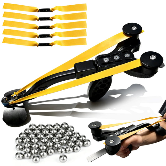 Portable Compound bow Adults Slingshot, Ultra Lightweight Fishing Slingshot with Arm Support Design, Adult Competition, Outdoor Shooting, Rapid-fire Steel Pellets Slingshot, 5pcs Replacement Bands, 50pcs Steel Balls, for Shooting, Fishing and Target