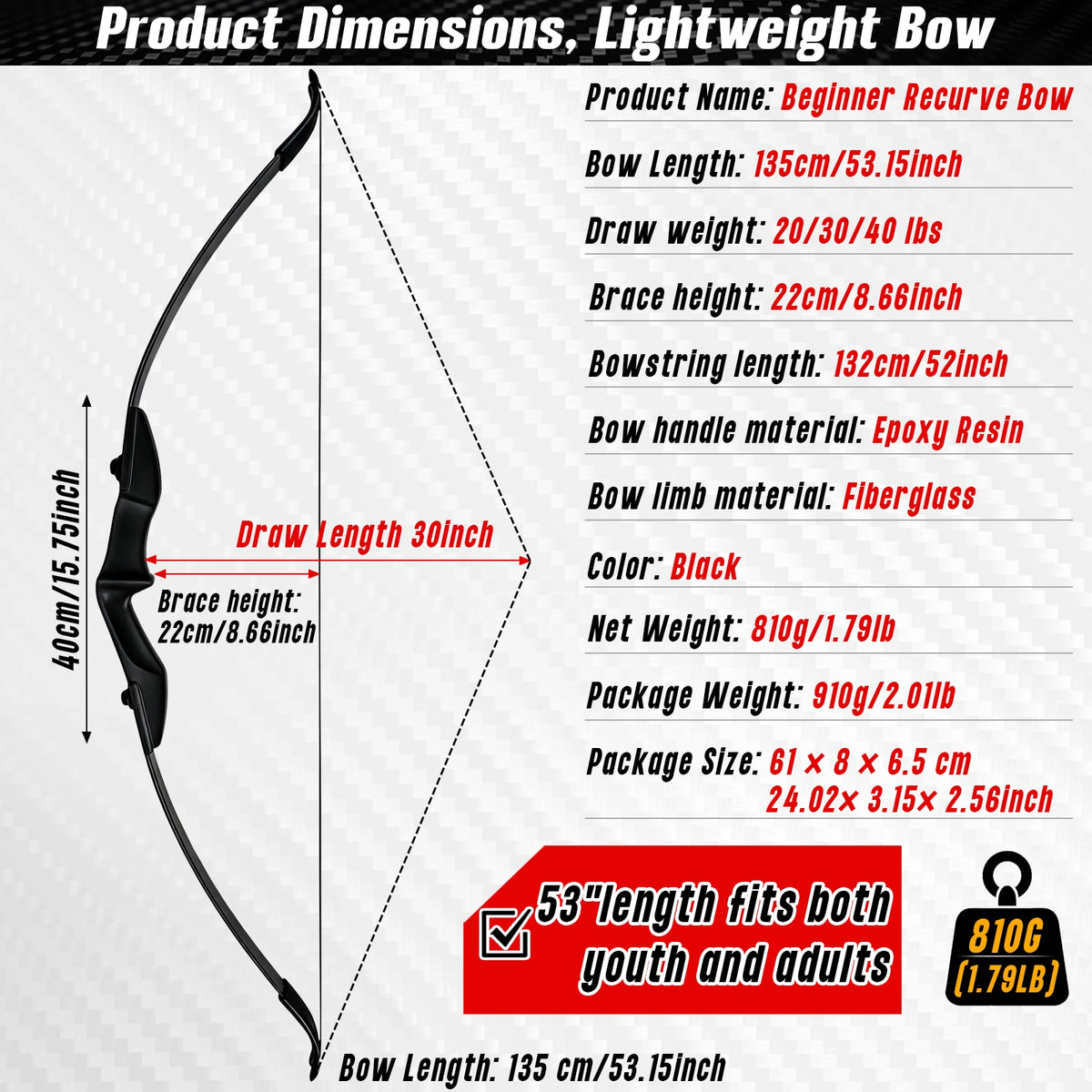 Black Adult 53" Archery Recurve Bow, Takedown Long Bow Kit, Portable Split-Type Bow, Adult and Beginners to Advanced Outdoor Target Practice, High Accuracy Shooting, Both for Left and Right Hand Use Recurve Bow Package for Adults 20LB, 30LB, 40LB
