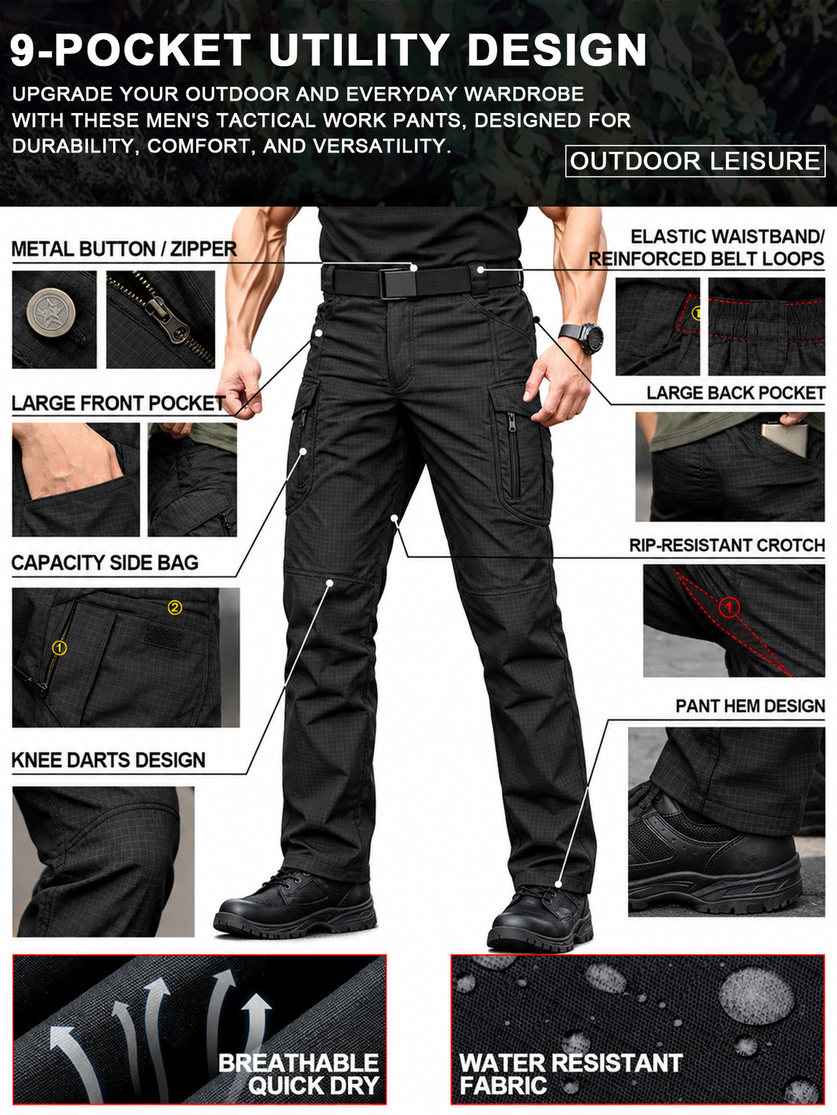 Men's Cargo Work Pants Black, Stretch Waistband, Lightweight Ripstop Hiking Pants with 9 Pockets, Water Resistant & Durable Utility Cargo Pants, Relaxed Fit for Men Workdays and Outdoor Activities (Black,S-XXXL)
