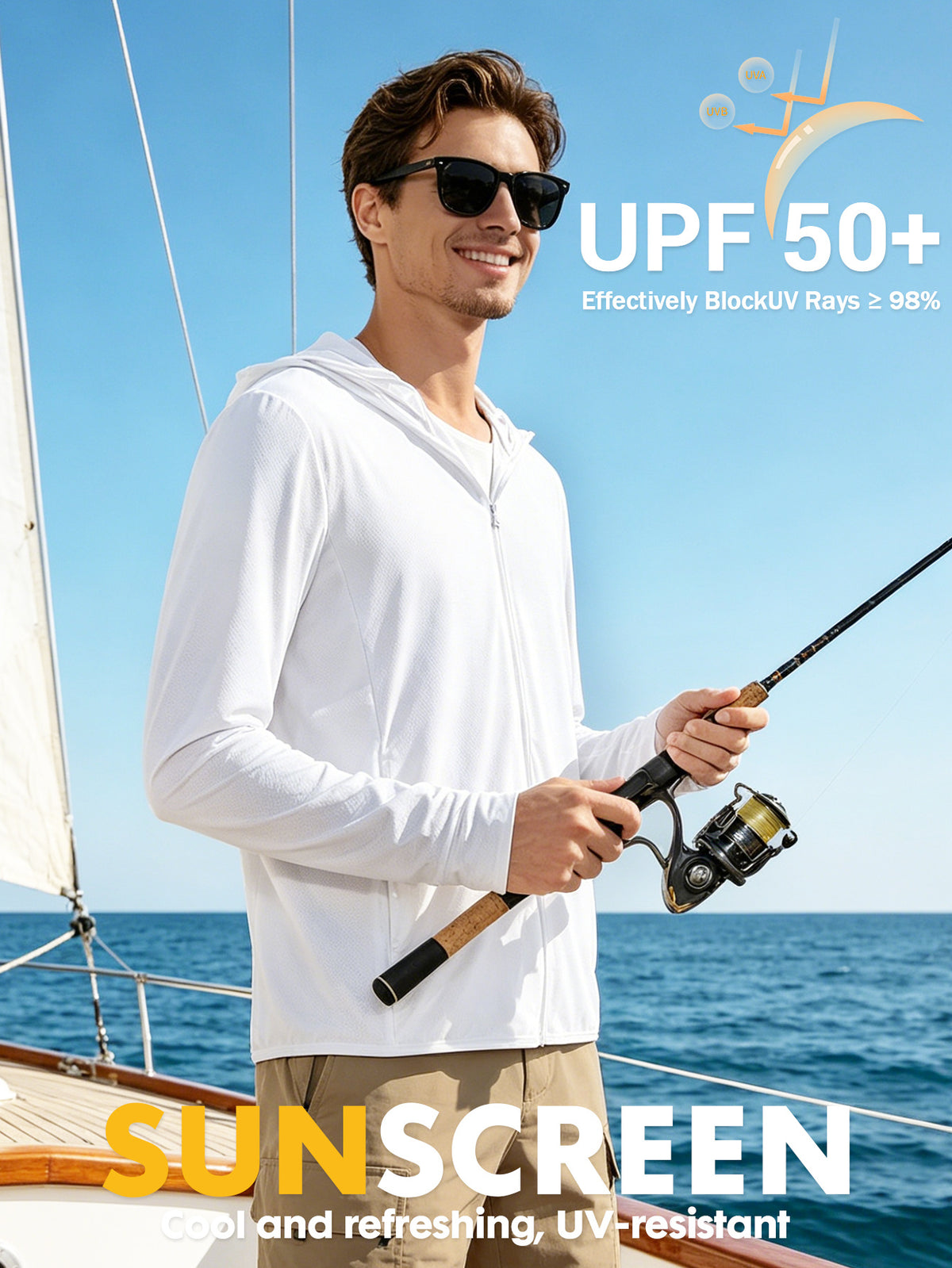 Men's UPF 50+ Cooling Ice Silk Shirt Outdoor Lightweight Full Zip Hoodie Jacket, Cooling Top Long Sleeve Moisture Wicking Hoodie, Lightweight and Breathable, Outdoor Fishing Hiking Performance Shirt Tops for Summer