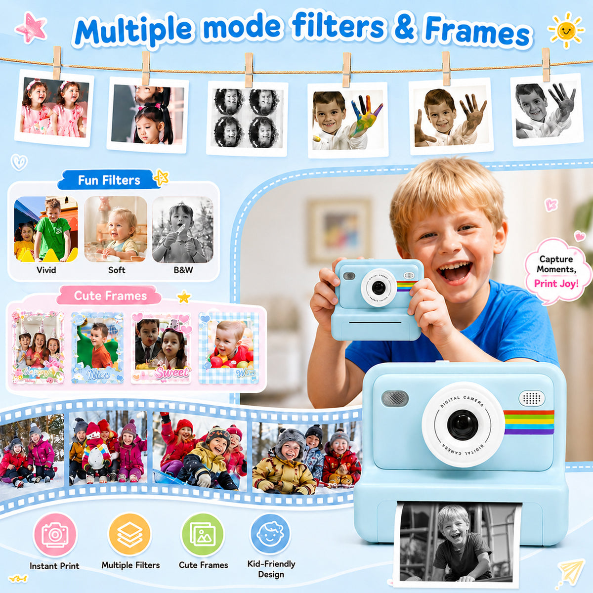 Kids Camera Instant Print for Boys Girls, 2.0-Inch Screen, 1080P HD Photography, MP3 & Game, 20 Creative Frames, 3 Rolls of Printer Paper, USB Charger, Perfect for Christmas And Halloween Birthday Gift, Perfect for Kid, Gifts Girls Boys 6 Years Old