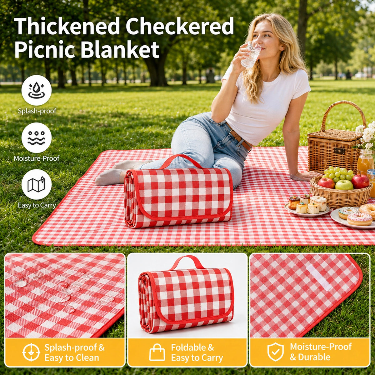 Portable Outdoor Picnic Blanket, 59x79'' Large Beach Blanket, Sand Proof Foldable Non-Woven Picnic Mat, Thickened Checkered Outdoor Mat with Handle, Oversized Compact Suitable for Parks, Meadows, Camping, Hiking, Concerts(3 Colors, 150x200cm)