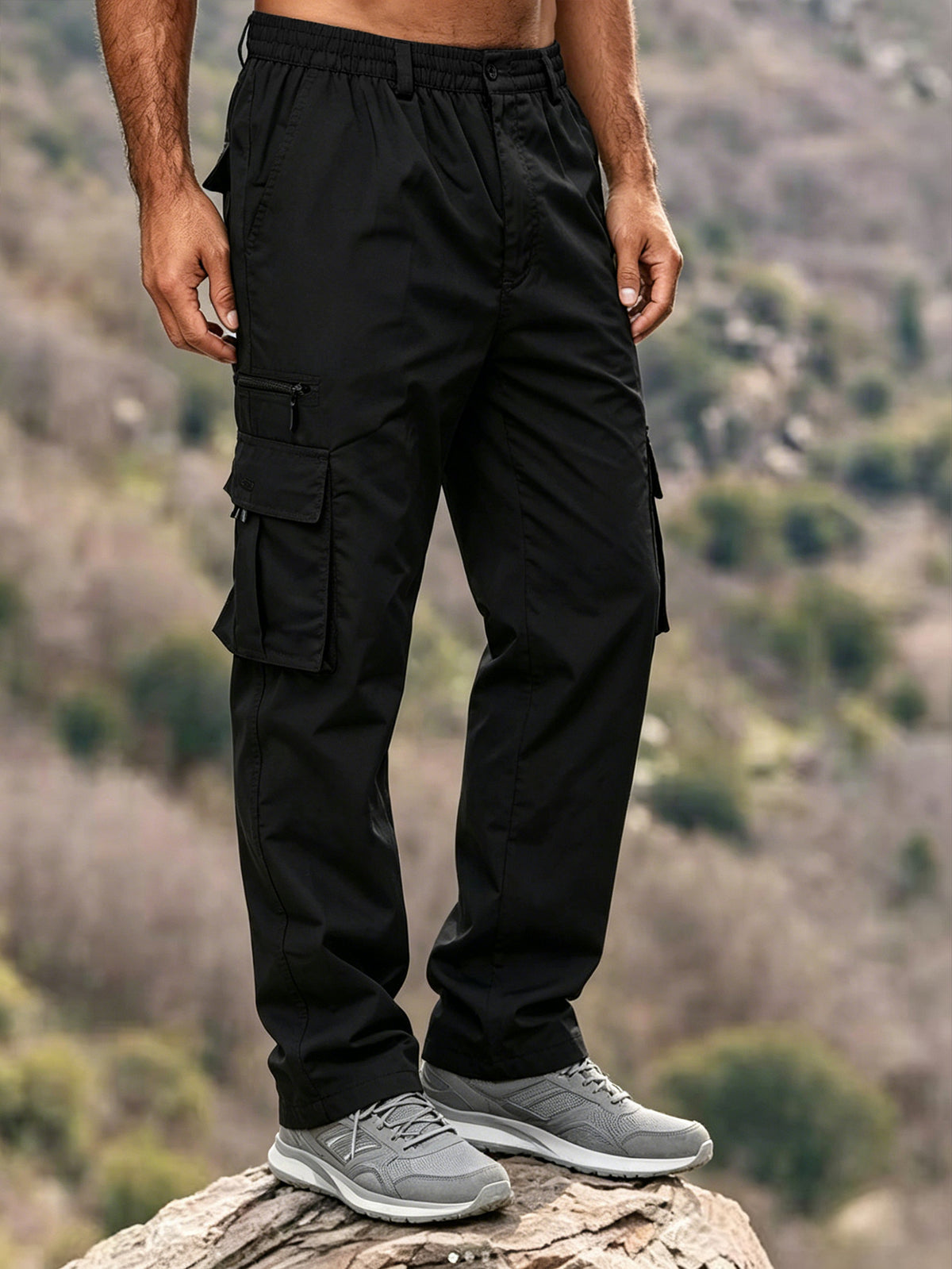 Men's Elastic Ripstop Tactical Pants Cargo Pants, Lightweight Motion Utility Casual Pants, Stretch Waistband, Straight Cut Loose Fit, Water Resistant Ripstop Outdoor Quick Dry Hiking Work Long Pants with Multi Pockets Commute Pants(No Belt, Black)