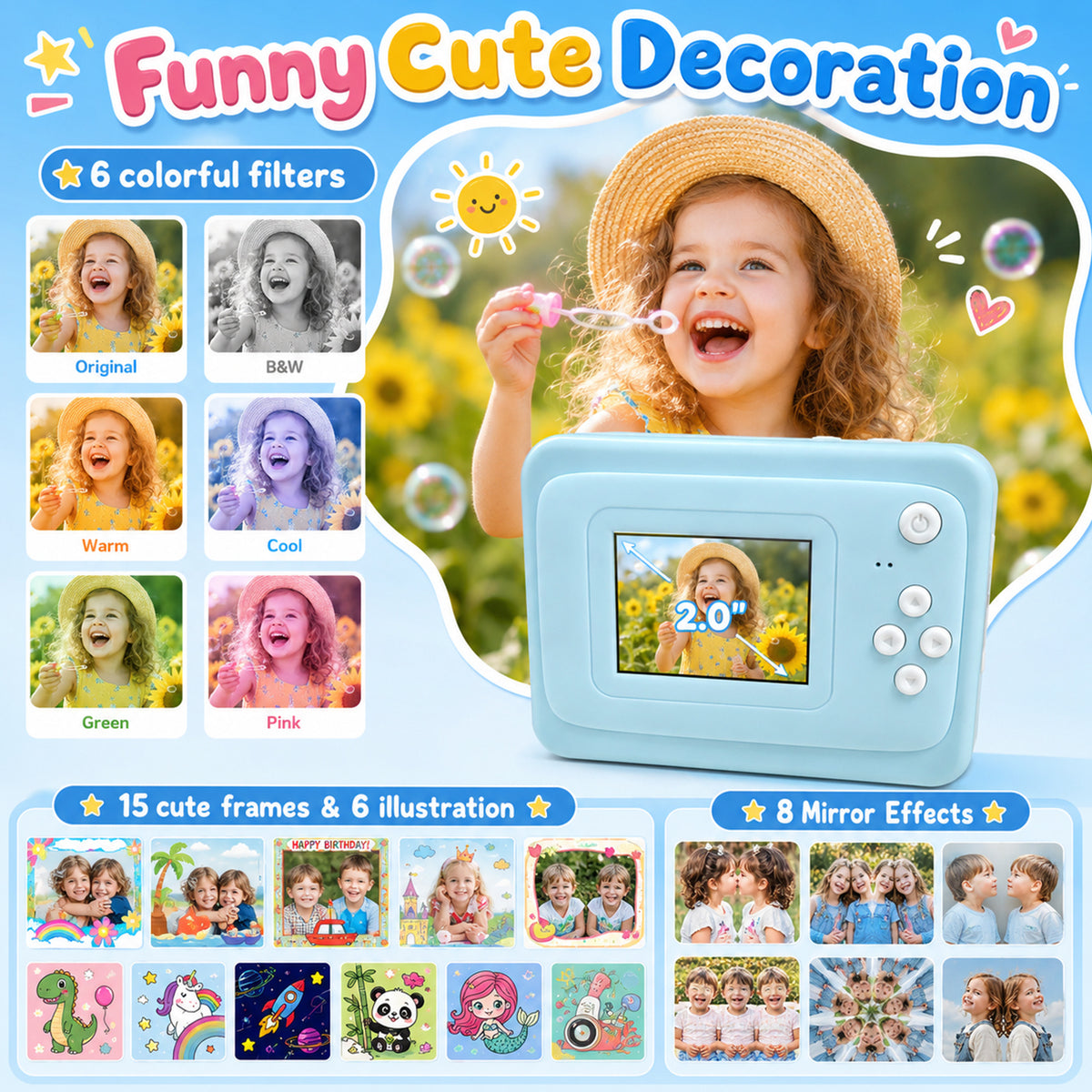 Kids Camera Instant Print for Boys Girls, 2.0-Inch Screen, 1080P HD Photography, MP3 & Game, 20 Creative Frames, 3 Rolls of Printer Paper, USB Charger, Perfect for Christmas And Halloween Birthday Gift, Perfect for Kid, Gifts Girls Boys 6 Years Old