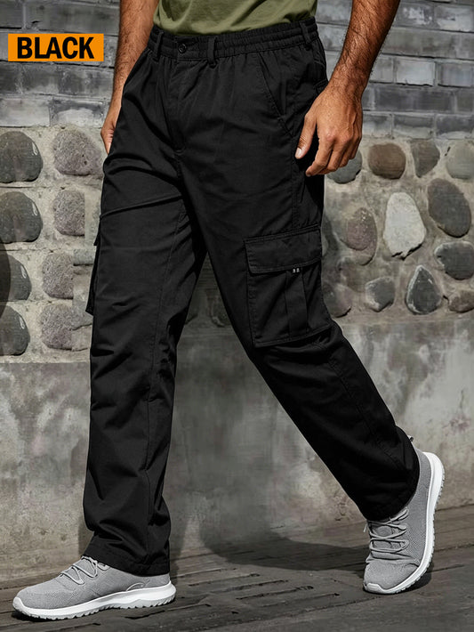 Men's Utility Cargo Pants, Casual Multi-Pocket Loose Straight Leg Work Pants, Durable Lightweight Ripstop Fabric, Flexible Elastic Waist Adjustable, Quick-Drying Outdoor Long Pants for Daily Commute, Running, Hiking, Travel and Camping Wear, Black