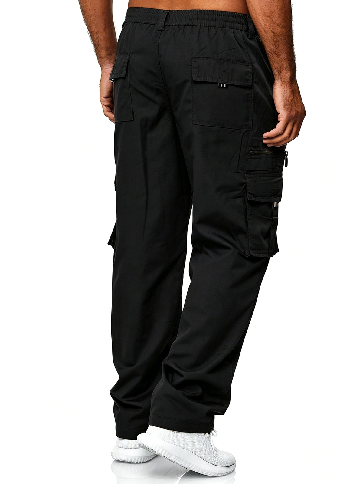 Men's Utility Cargo Pants, Casual Multi-Pocket Loose Straight Leg Work Pants, Durable Lightweight Ripstop Fabric, Flexible Elastic Waist Adjustable, Quick-Drying Outdoor Long Pants for Daily Commute, Running, Hiking, Travel and Camping Wear, Black