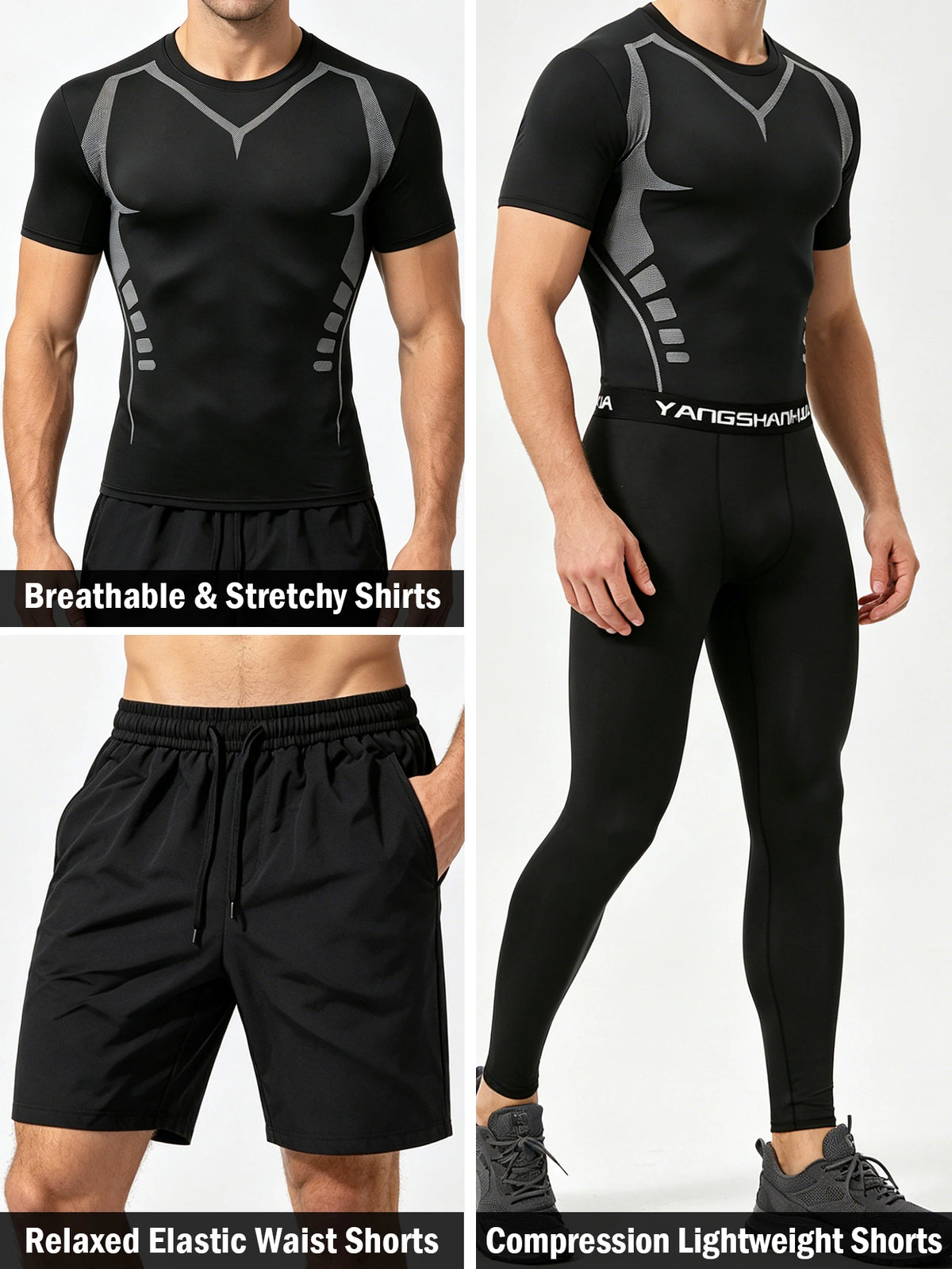 3 Pieces Men's Sports Set, Running Training Fitness,Quick Dry Workout Set with Athletic Fit Short Sleeve Performance Elastic Shirt and Elastic Waistband Long/Shorts, Lightweight Breathable Sportswear for Gym Basketball and Everyday Wear,Summer